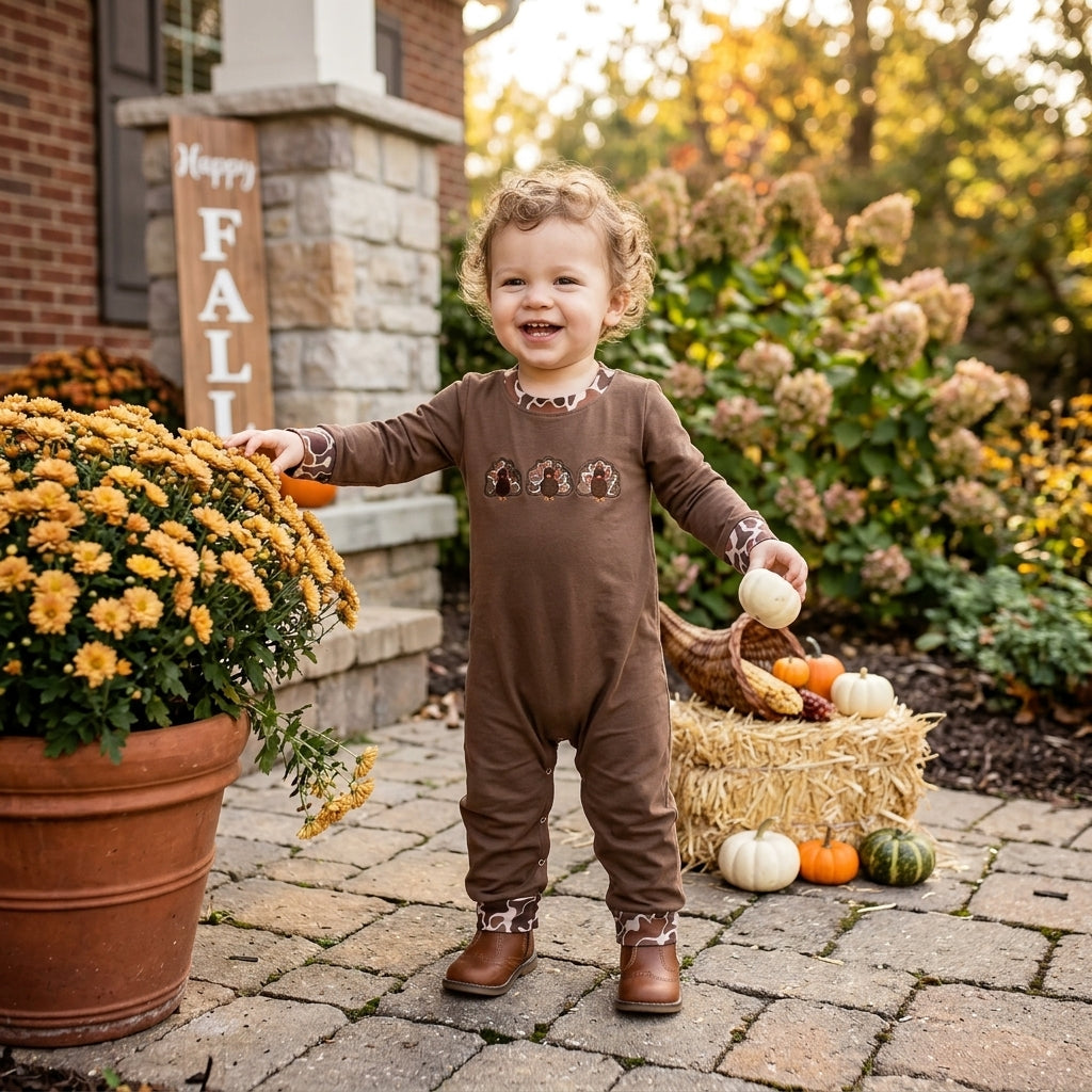 NO MOQ RTS LR3108-embroidery Baby Boy Clothes Turkey Embroidery Camo Splicing Print Long Sleeve Romper 202609