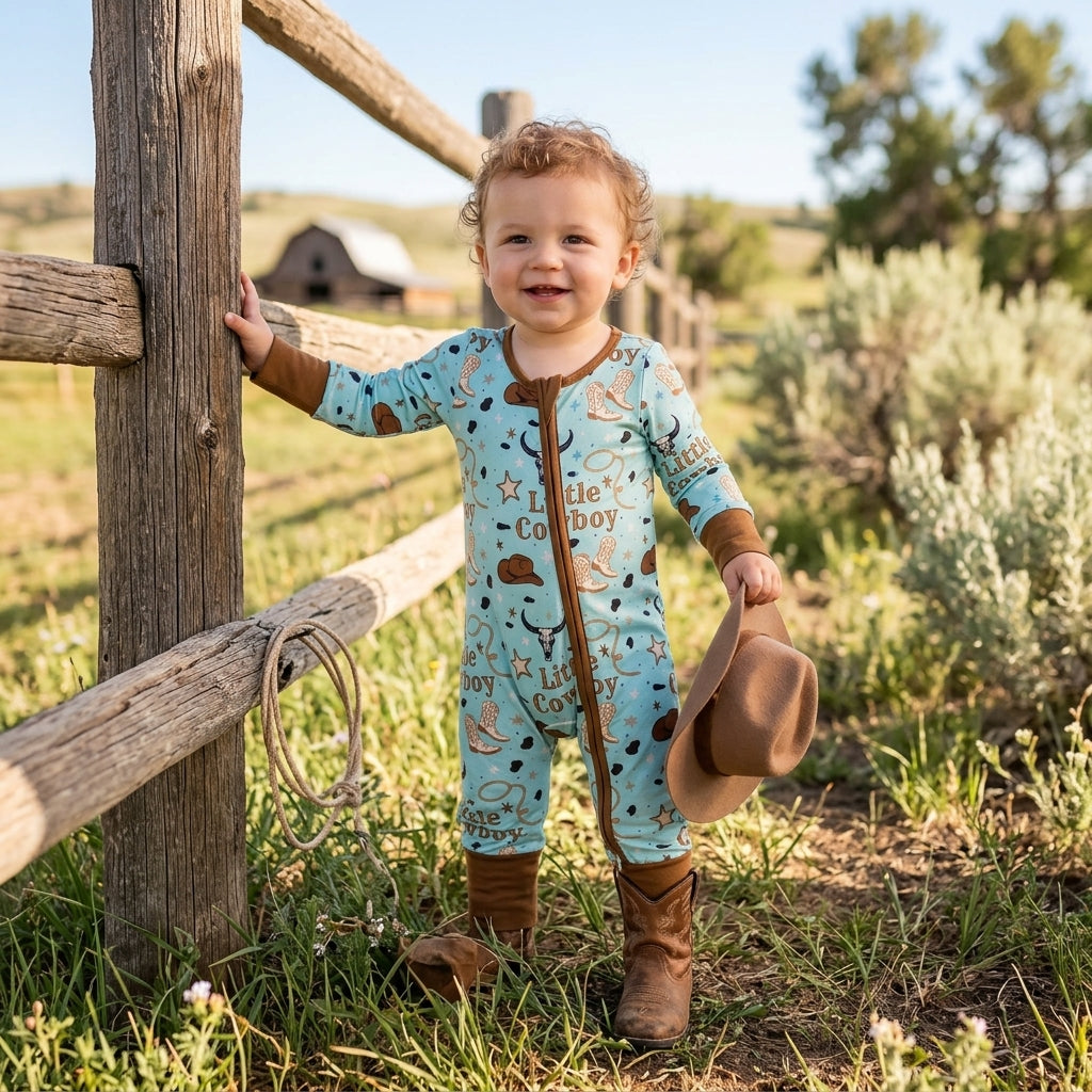 NO MOQ RTS LR3124(3) Baby Boy Clothes Little Cowboy Hat Boot Longhorn Western Print Long Sleeve Zipper Romper 202609