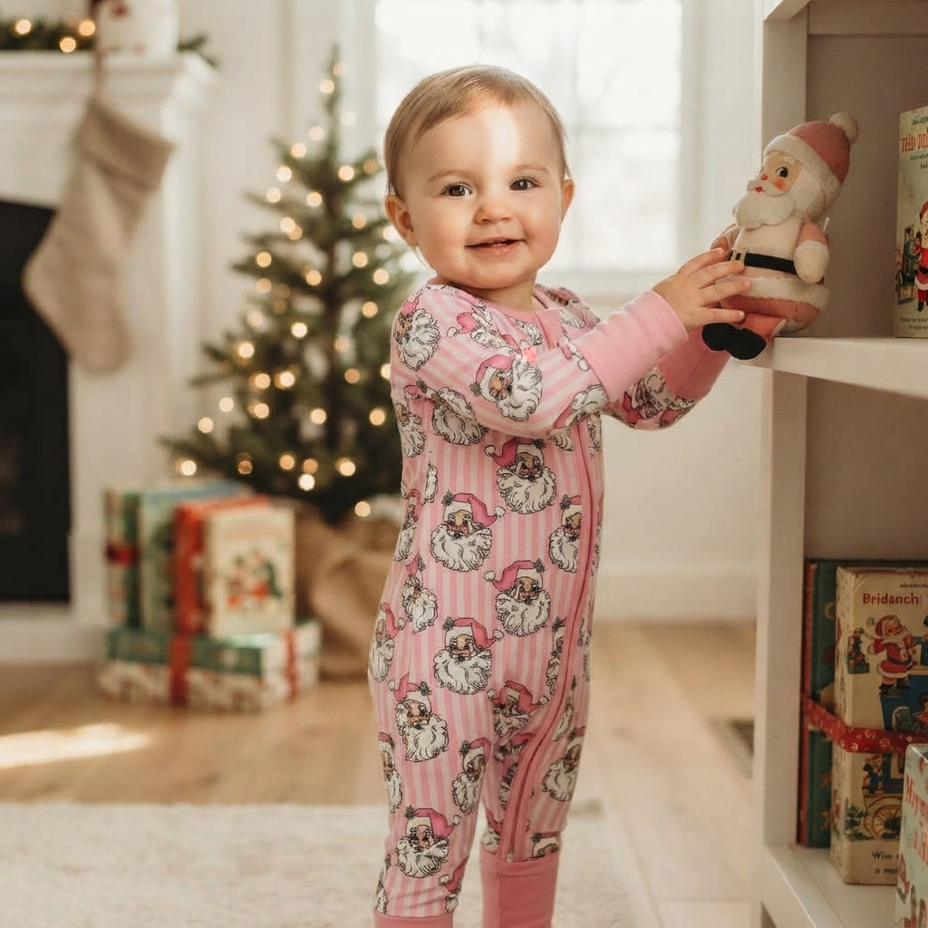 NO MOQ RTS LR3125 Baby Girl Clothes Pink Stripe Santa Claus Full Print Long Sleeve Zipper Romper 202609