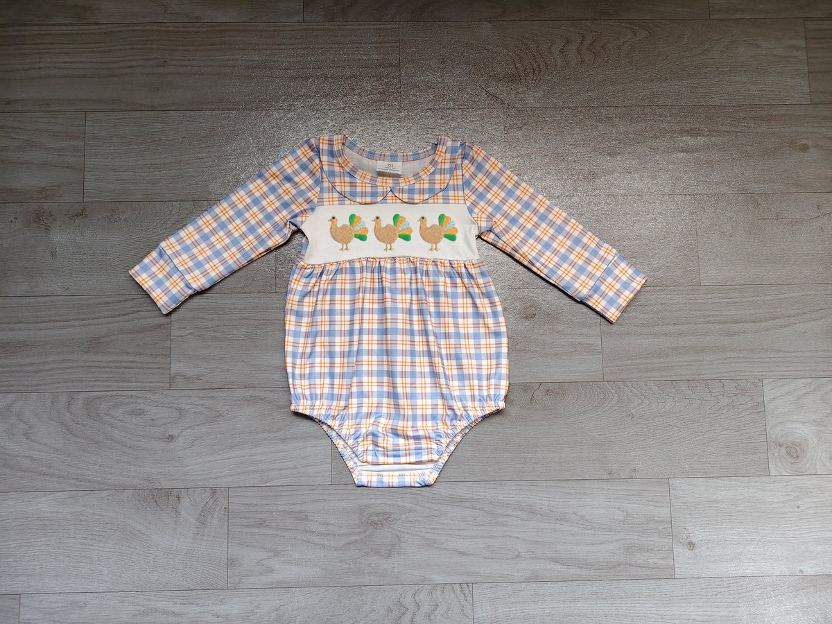 Sample-Real Pics LR3132 Baby Girl Clothes Thanksgiving Turkey Plaid Print Long Sleeve Bubble Romper