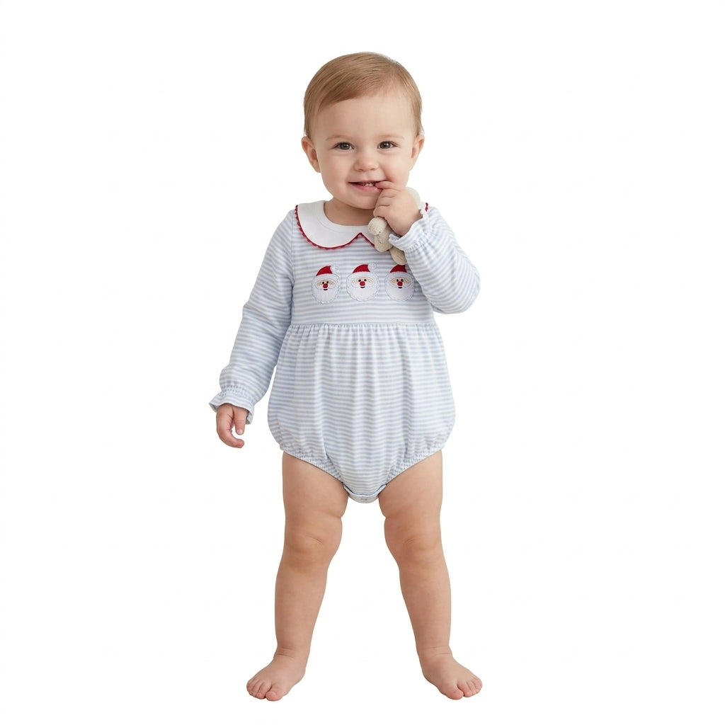 NO MOQ RTS LR3136-embroidery Baby Girl Clothes Light Blue Stripe Print Long Sleeve Santa Embroidery Peter Pan Collar Bubble Romper 202610