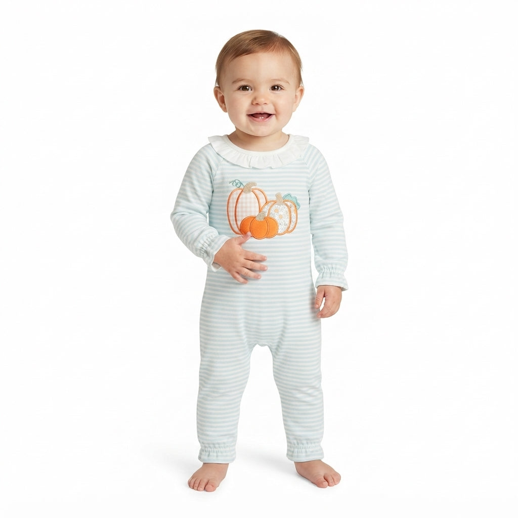 NO MOQ RTS LR3137 embroidery Baby Girl Clothes Pumpkin Patch Applique Striped Print Long Sleeve Ruffle Romper 202609