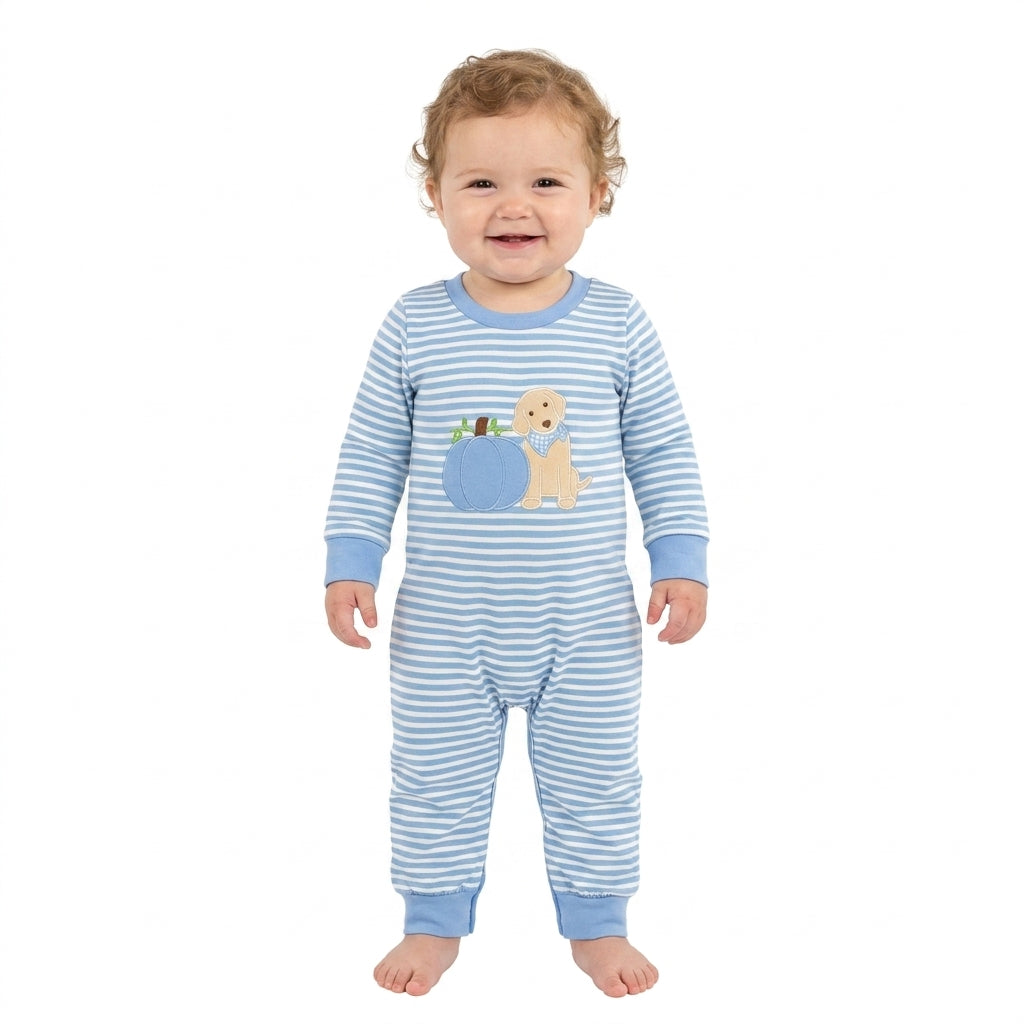 NO MOQ RTS LR3141-embroidery Baby Boy Clothes Blue White Stripe Puppy Pumpkin Applique Long Sleeve Romper