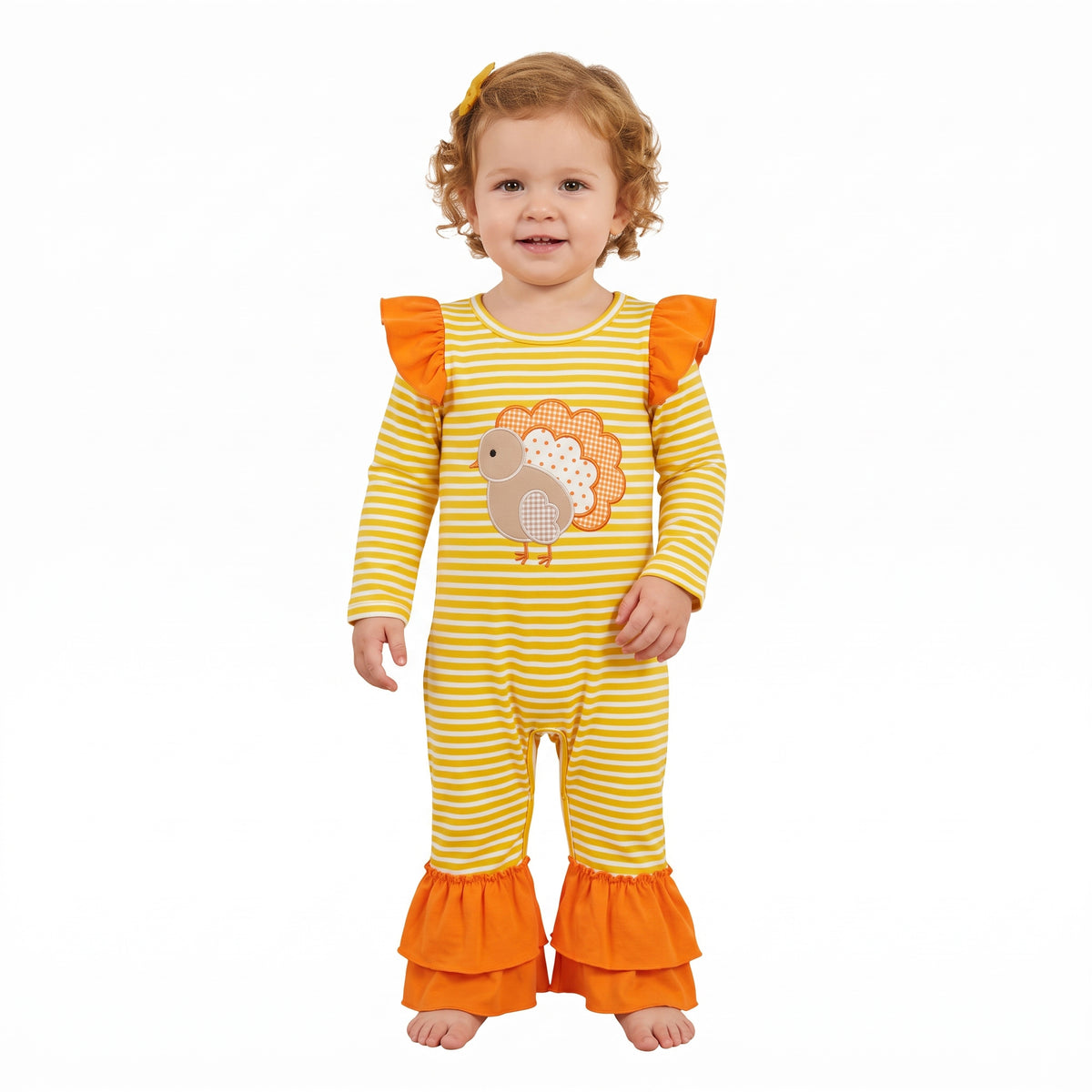 NO MOQ RTS LR3144(1)-embroidery Baby Girl Yellow Stripe Turkey Applique Ruffle Shoulder Ruffle Hem Long Sleeve Romper 202609