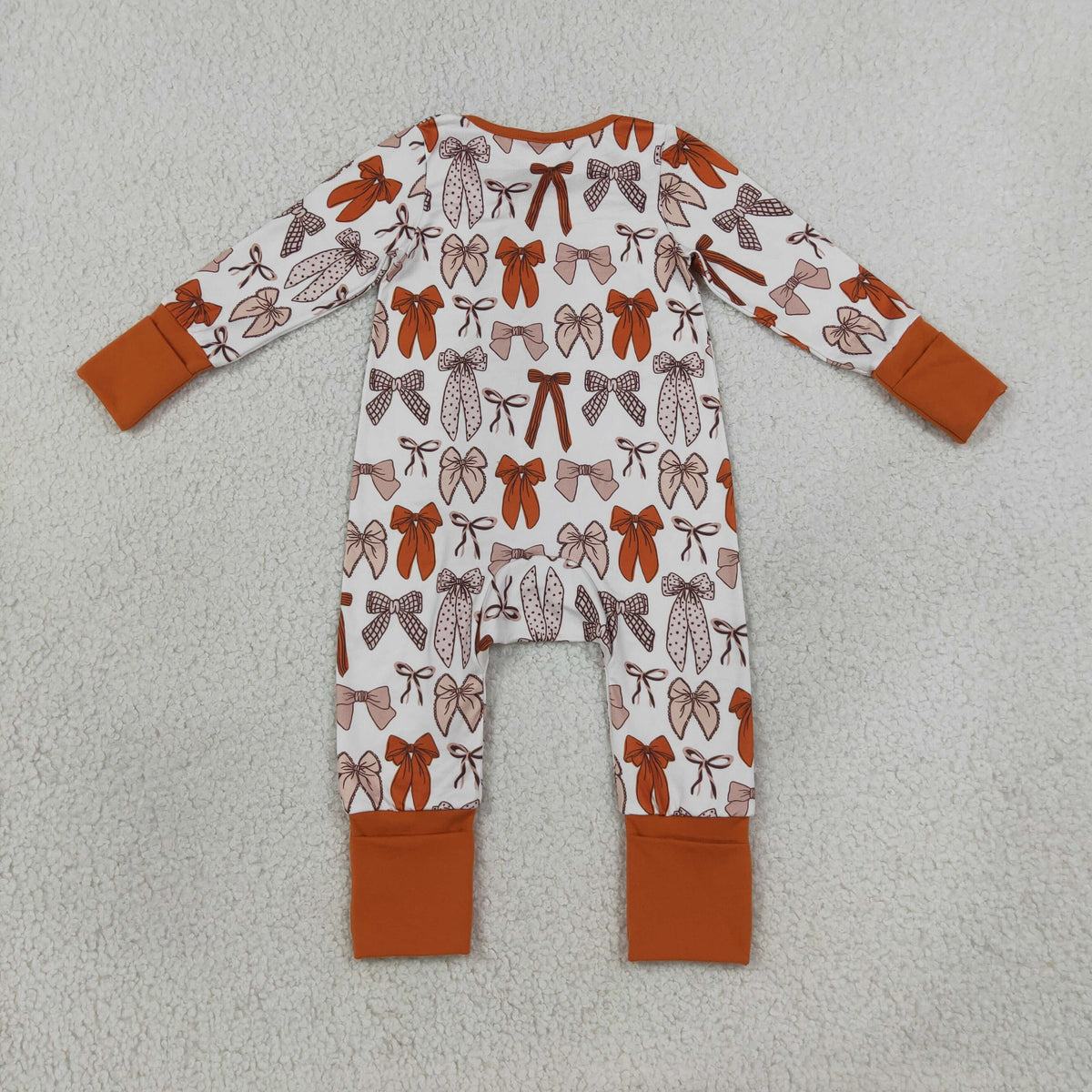 NO MOQ RTS LR3158(1) Baby Girl Clothes Vintage Caramel Bow Full Print Long Sleeve Zipper Romper