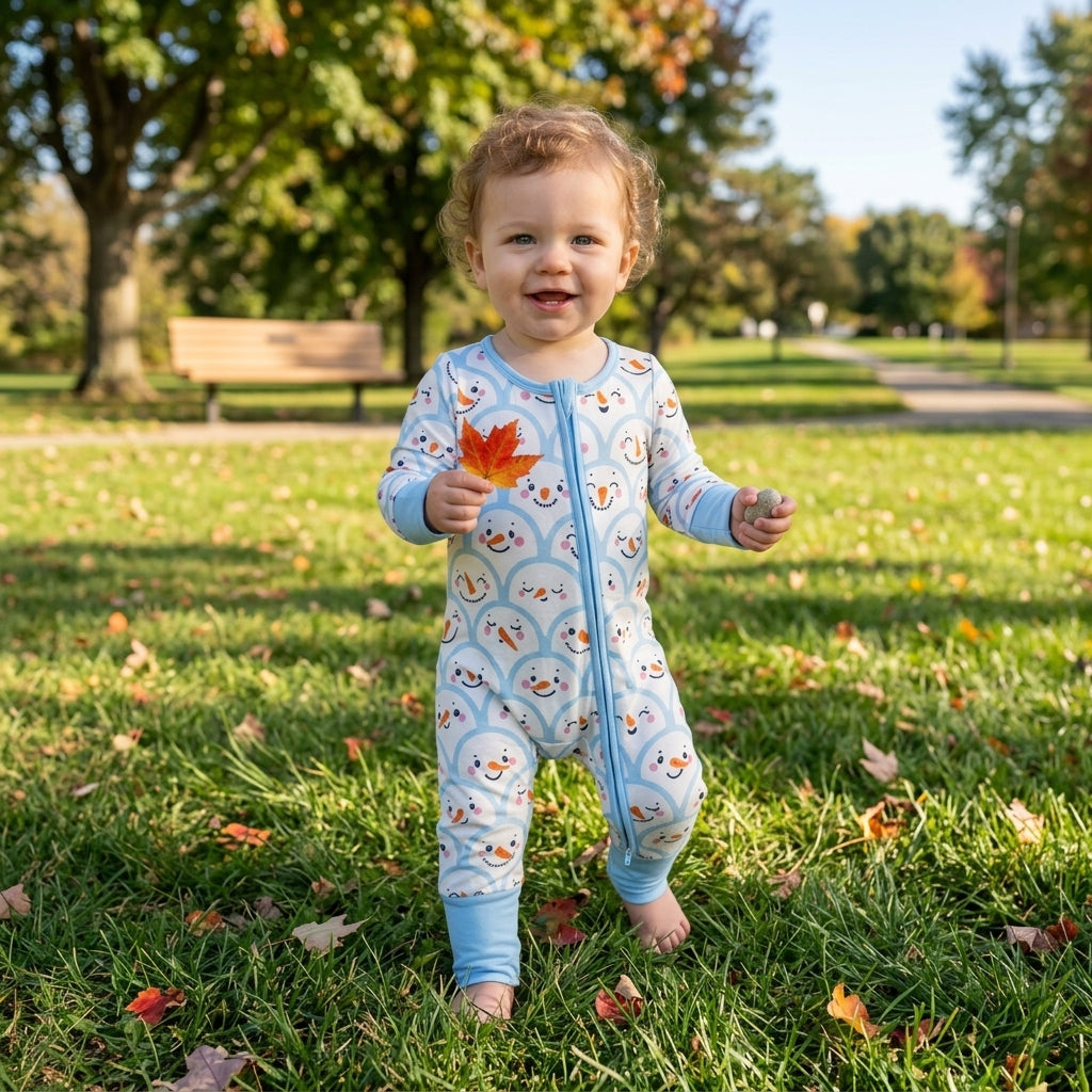 NO MOQ RTS LR3166 Baby Girl Boy Clothes Cute Snowman Face Scallop Print Long Sleeve Zipper Romper 202609