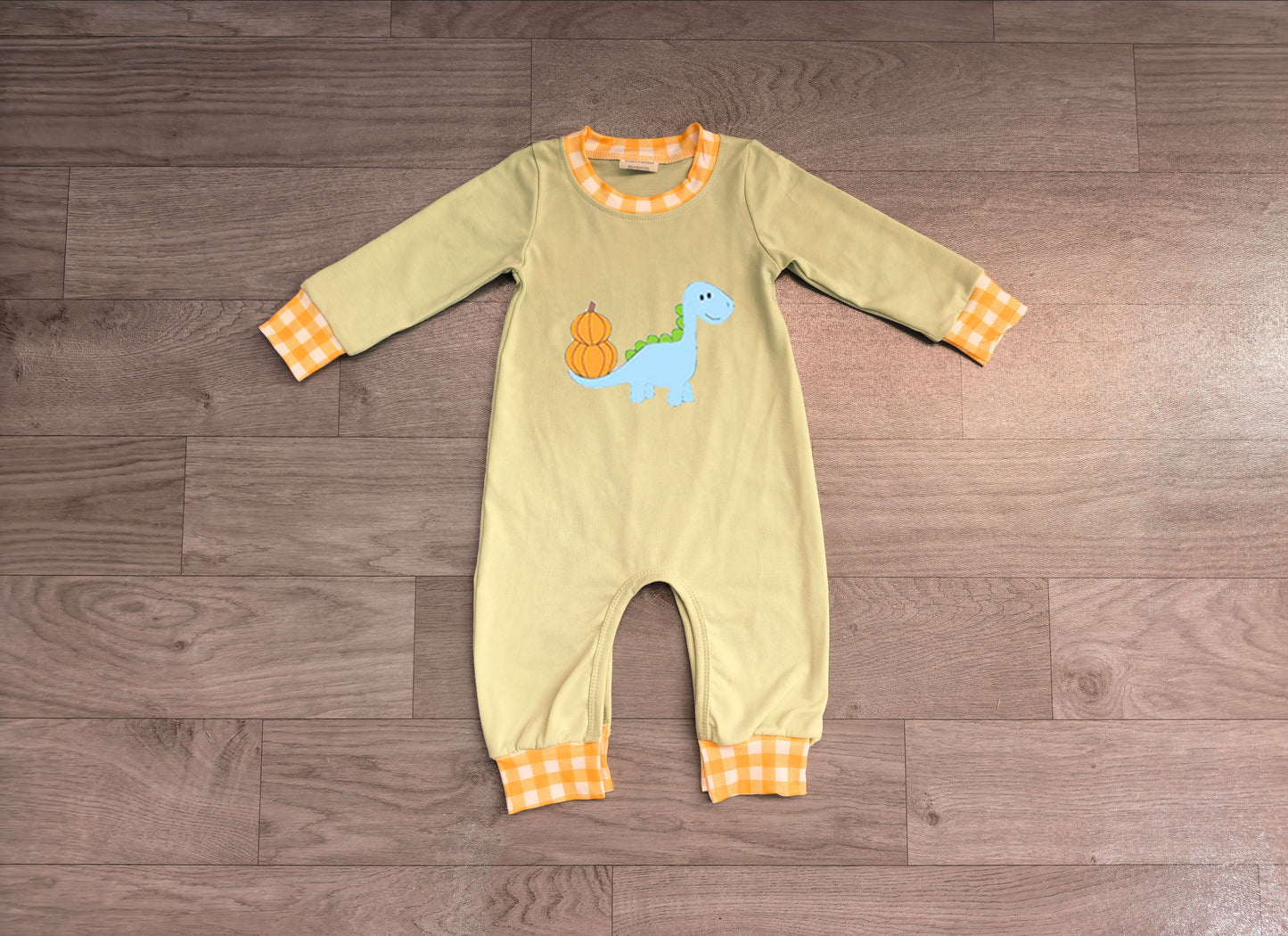 RTS LR3168 Dinosaur Pumpkin Embroidery Plaid Cuff Long Sleeve Baby Romper 202608