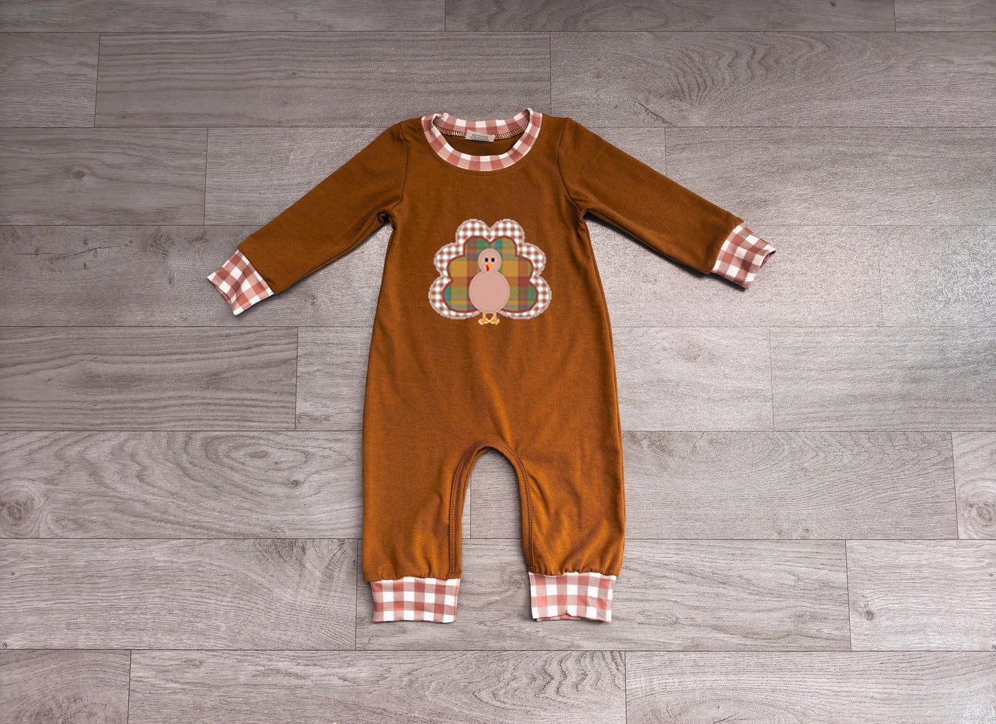 RTS LR3170 Thanksgiving Turkey Embroidery Gingham Cuff Long Sleeve Baby Romper 202608
