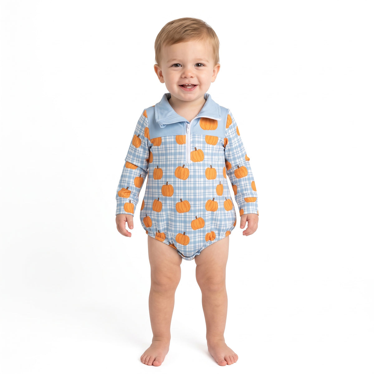 NO MOQ RTS LR3201(1) Baby Boy Clothes Pumpkin Plaid Print Long Sleeve Quarter Zip Bubble Romper 202609