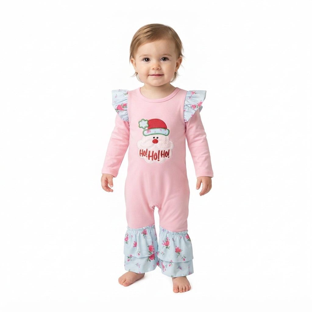 NO MOQ RTS LR3215-embroidery Baby Girl Clothes Solid Pink Plain Long Sleeve Santa Embroidery Floral Ruffle Romper 202610