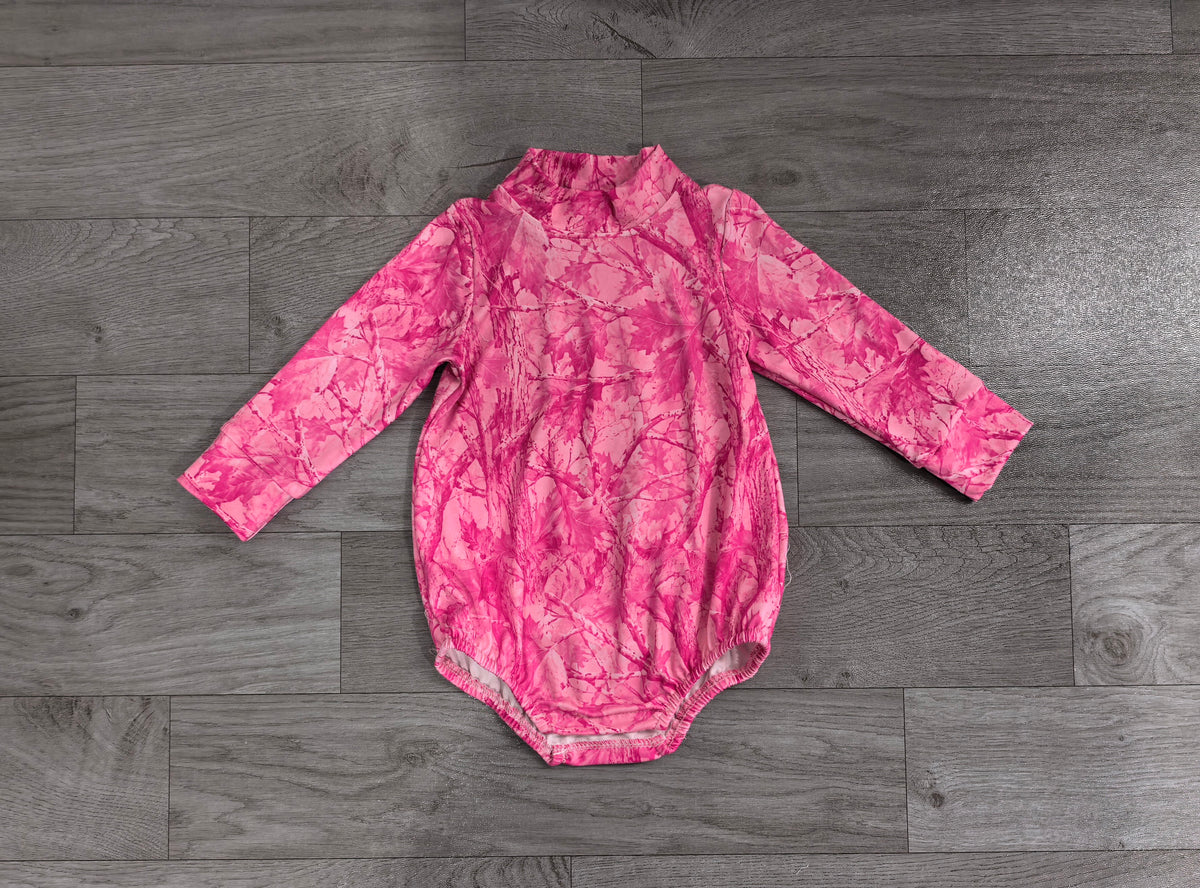 Sample-Real Pics LR3224 Baby Girl Clothes Pink Maple Camo Print Long Sleeve Mock Neck Bubble Romper