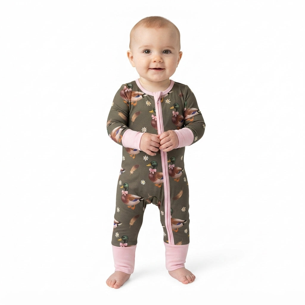 NO MOQ RTS LR3225 (2) Baby Girl Clothes Mallard Duck Daisy Allover Print Long Sleeve Zipper Jumpsuit 202609