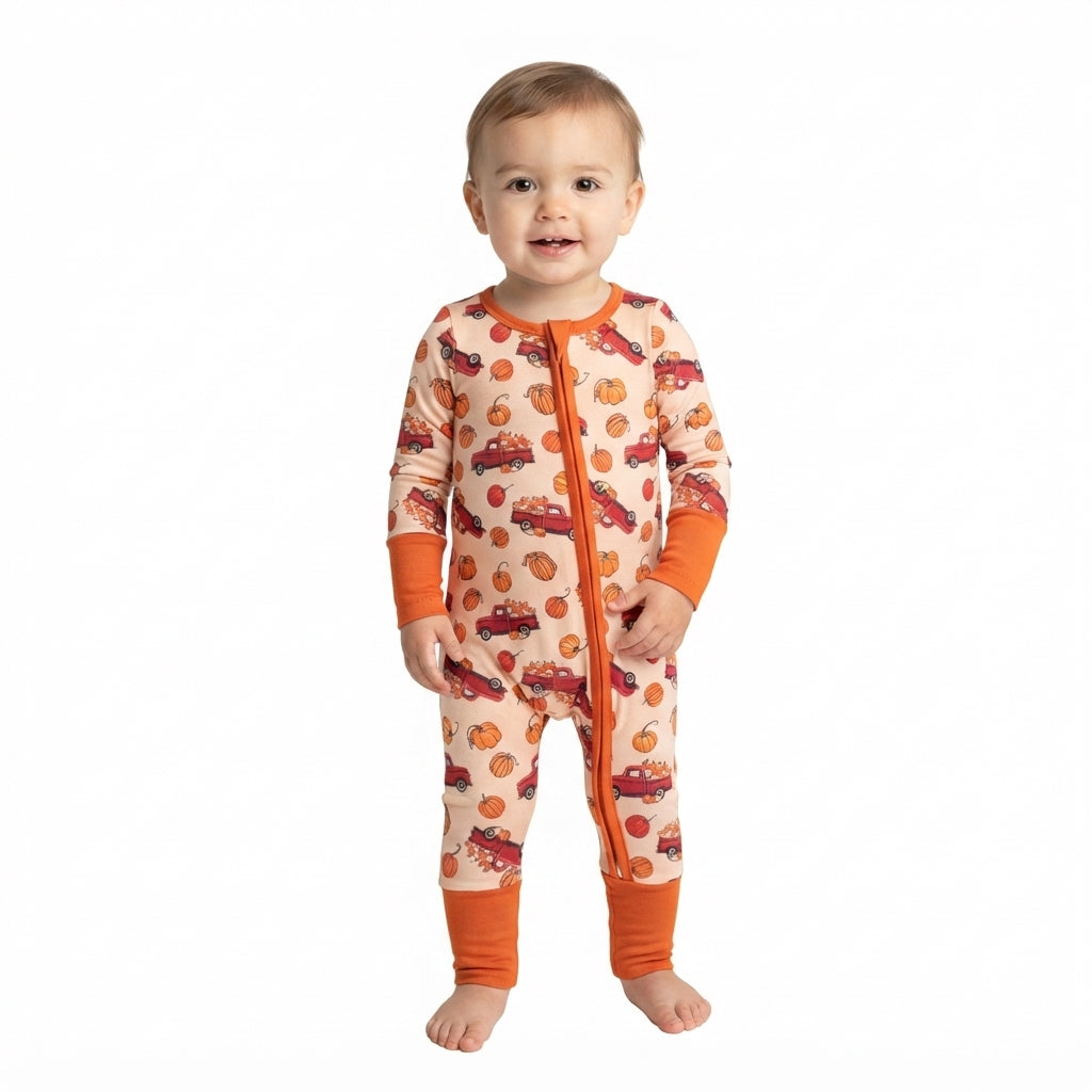 NO MOQ RTS LR3234(1) Baby Boy Clothes Red Truck Pumpkin Print Long Sleeve Zipper Romper 202609