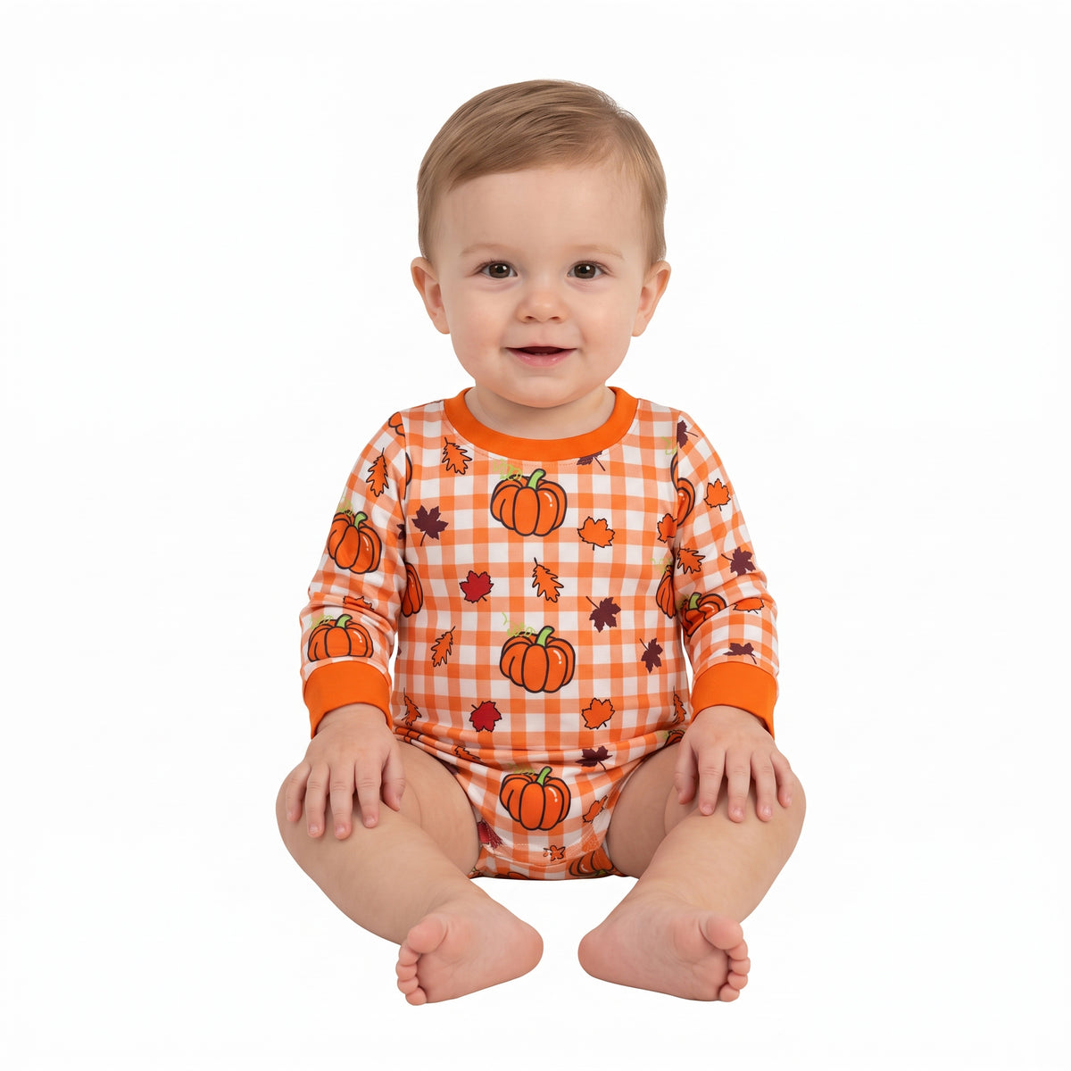 NO MOQ RTS LR3236(1) Baby Boy Orange Gingham Pumpkin Leaf Print Long Sleeve Bubble Romper 202609