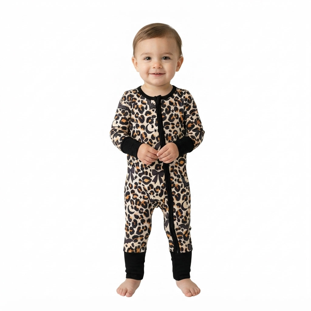 NO MOQ RTS LR3242 (2) Baby Girl Clothes Leopard Bat Moon Bow Print Long Sleeve Zipper Romper 202609