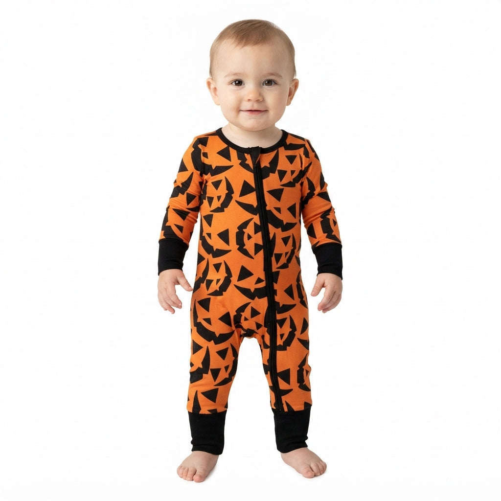 NO MOQ RTS LR3243 Baby Clothes Pumpkin Face Allover Print Long Sleeve Zipper Romper 202610