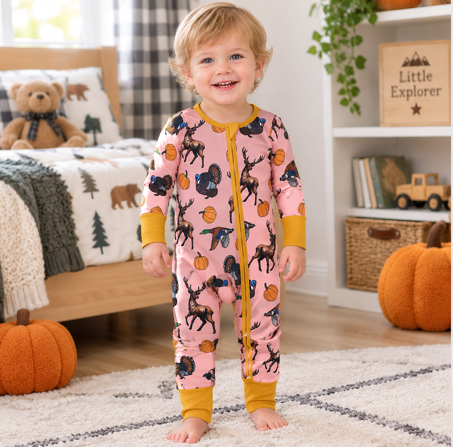 NO MOQ RTS LR3252(2) Baby Clothes Thanksgiving Turkey Deer Pumpkin Duck Print Long Sleeve Zipper Romper 202609