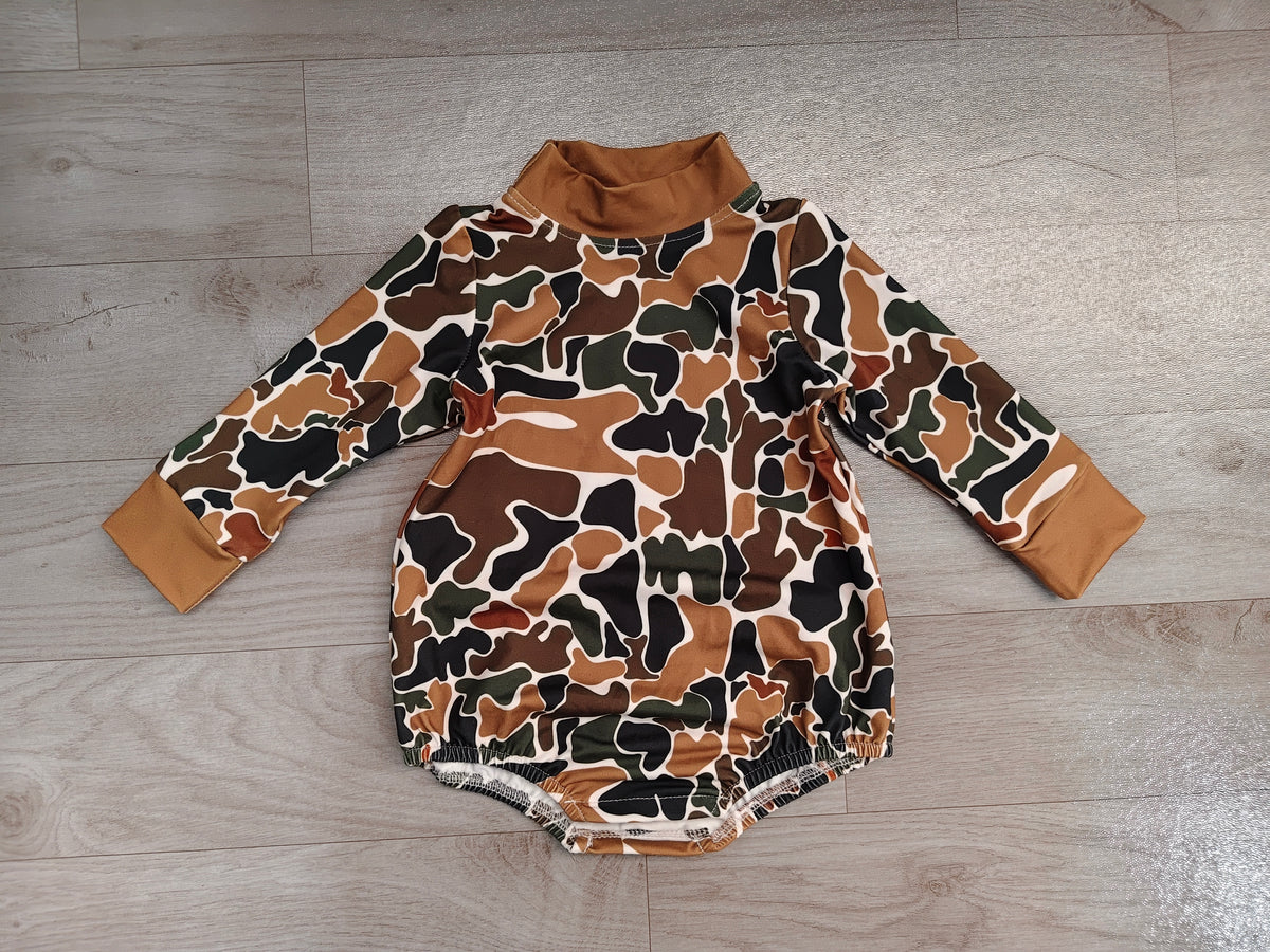Sample-Real Pics LR3261 Baby Boy Clothes Camo Animal Print Long Sleeve Mock Neck Baby Romper