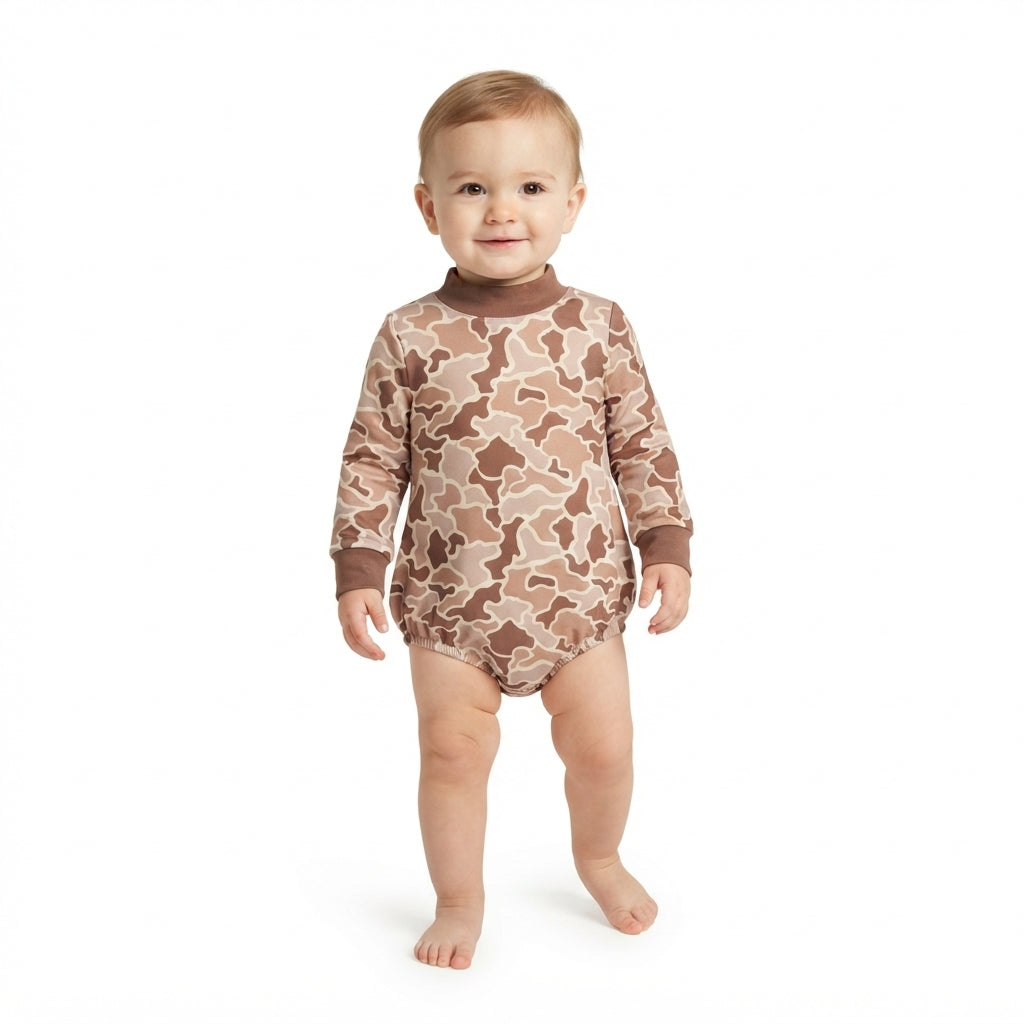 NO MOQ RTS LR3263 Baby Girl Clothes Brown Camo Allover Print Long Sleeve Mock Neck Baby Bubble Romper 202610