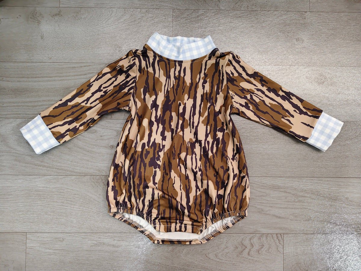 Sample-Real Pics LR3279 Baby Boy Clothes Tree Bark Camo Mixed Print Long Sleeve Gingham Cuff Mock Neck Baby Romper