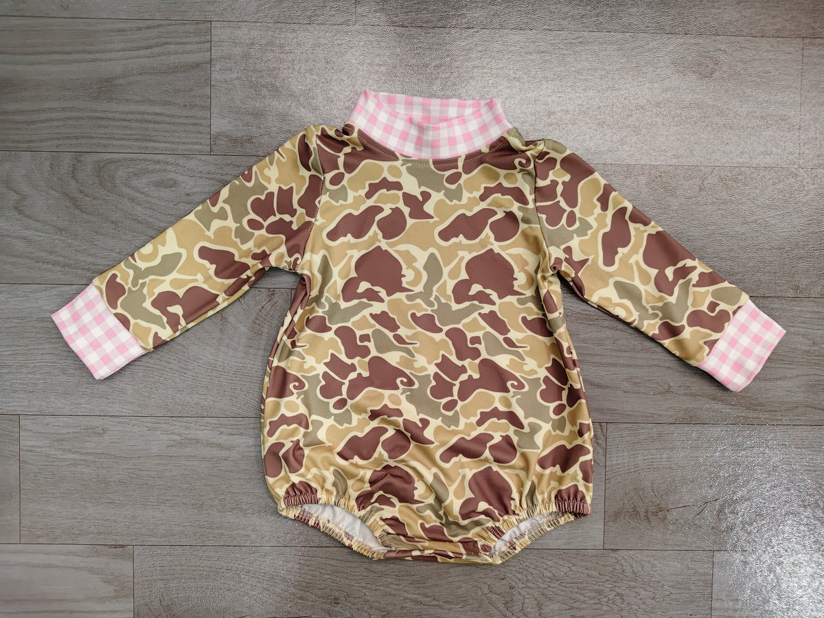 Sample-Real Pics LR3280 Baby Boy Clothes Duck Camo Mixed Print Long Sleeve Pink Gingham Cuff Mock Neck Baby Romper