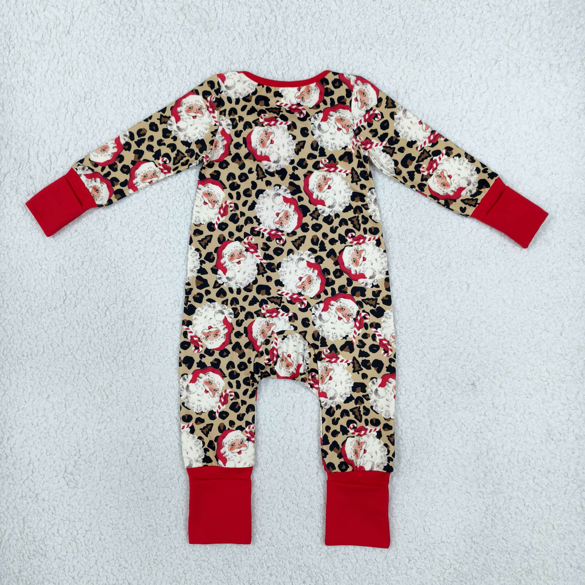 NO MOQ RTS LR3302 Baby Girl Clothes Leopard Santa Claus Print Long Sleeve Zipper Romper 202610