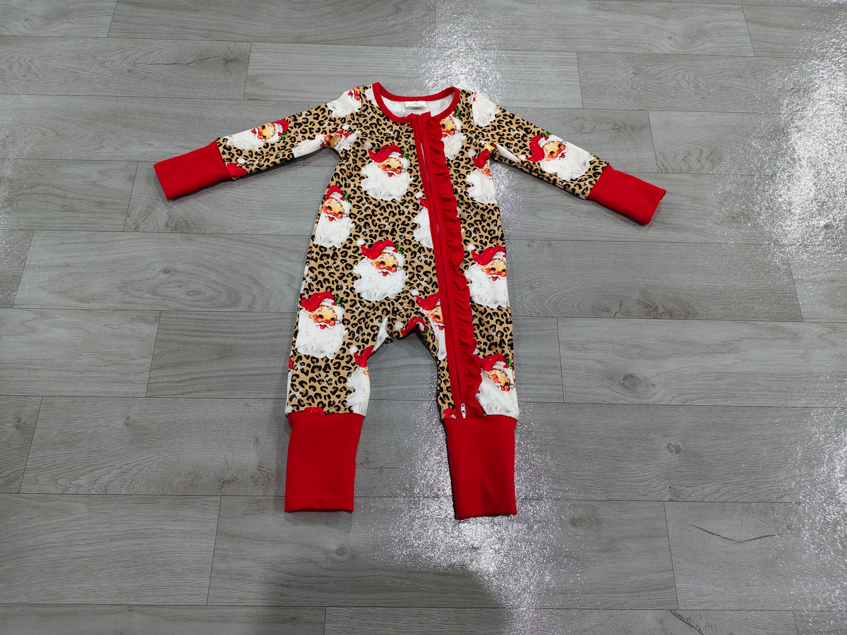 Sample-Real Pics LR3302 Baby Girl Clothes Leopard Santa Claus Mixed Print Long Sleeve Zipper Romper