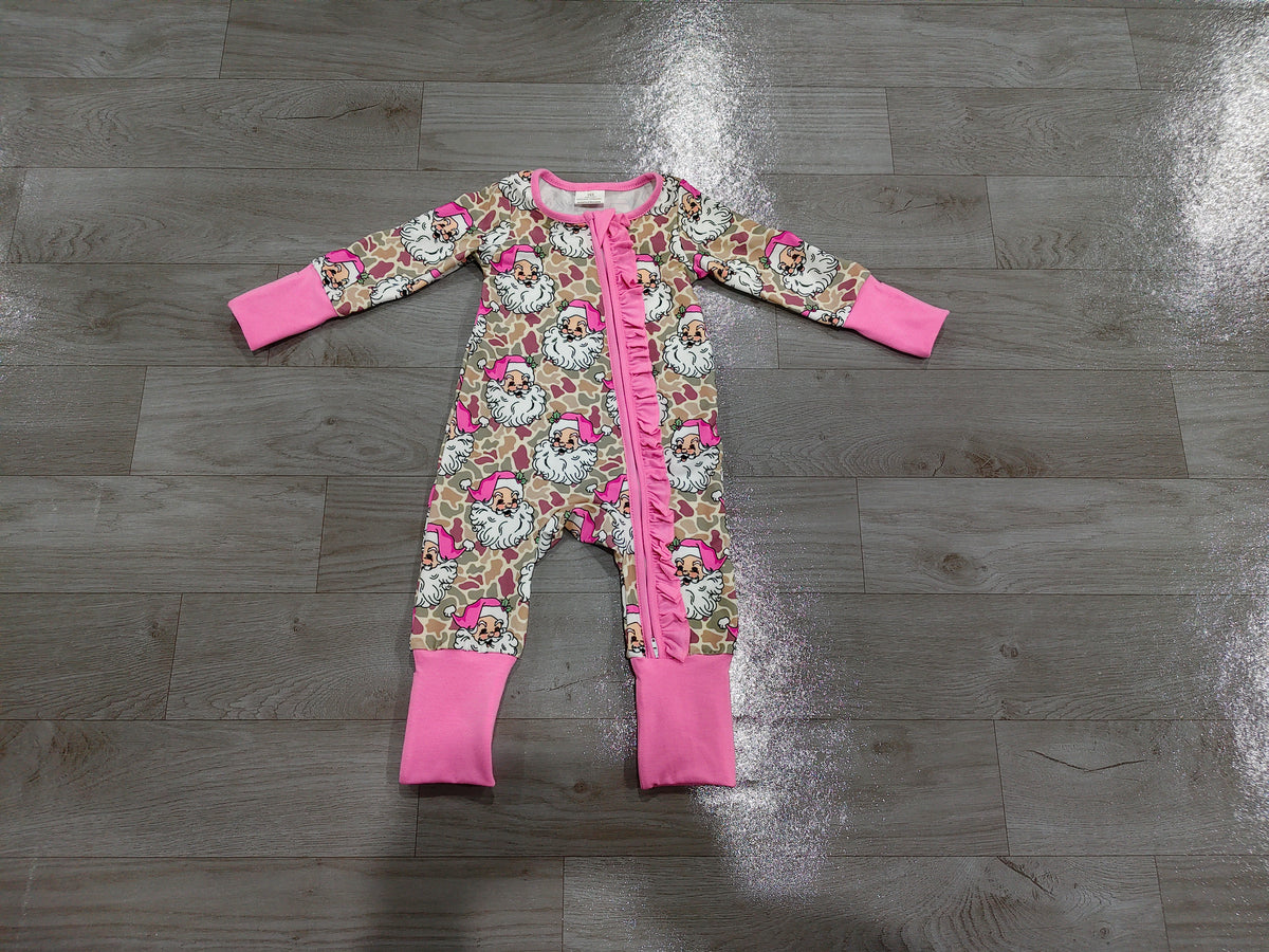 Sample-Real Pics LR3305 Baby Girl Clothes Camo Pink Santa Mixed Print Long Sleeve Zipper Romper
