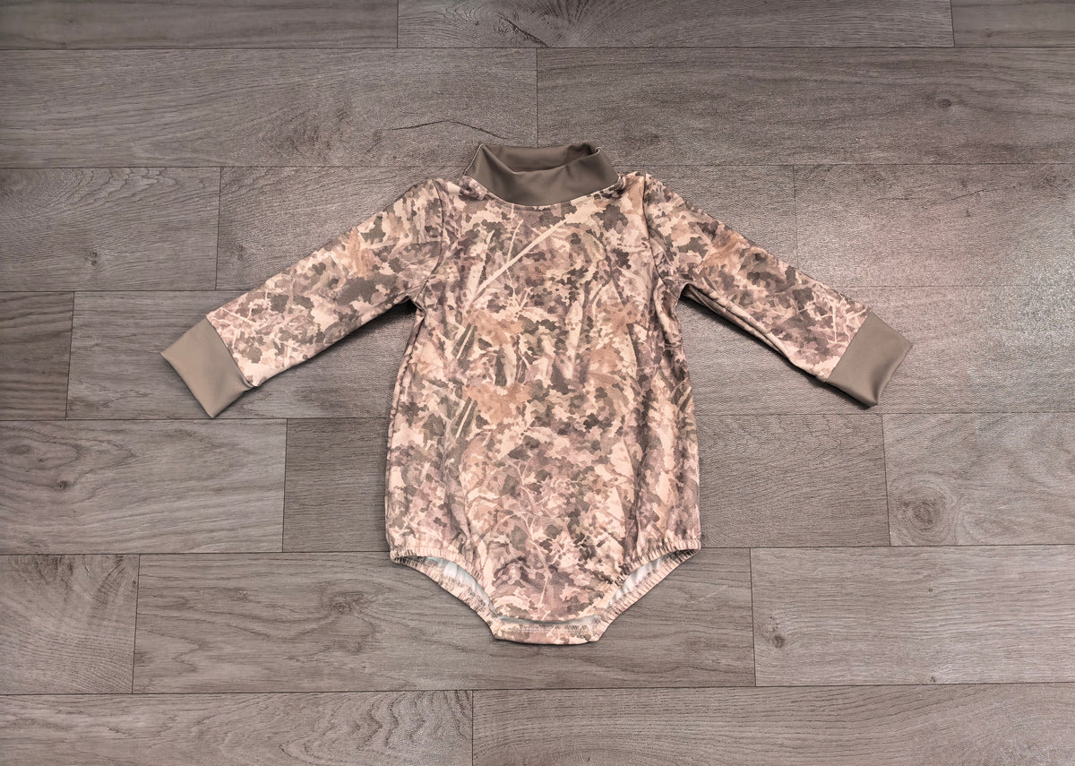 Sample-Real Pics LR3308 Baby Clothes Nature Camo Print Long Sleeve Mock Neck Bubble Romper