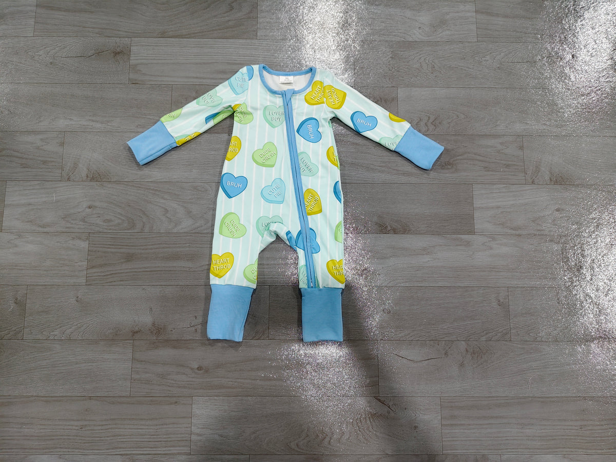 Sample-Real Pics LR3326 Baby Boy Clothes Striped Candy Heart Text Mixed Print Long Sleeve Zipper Romper