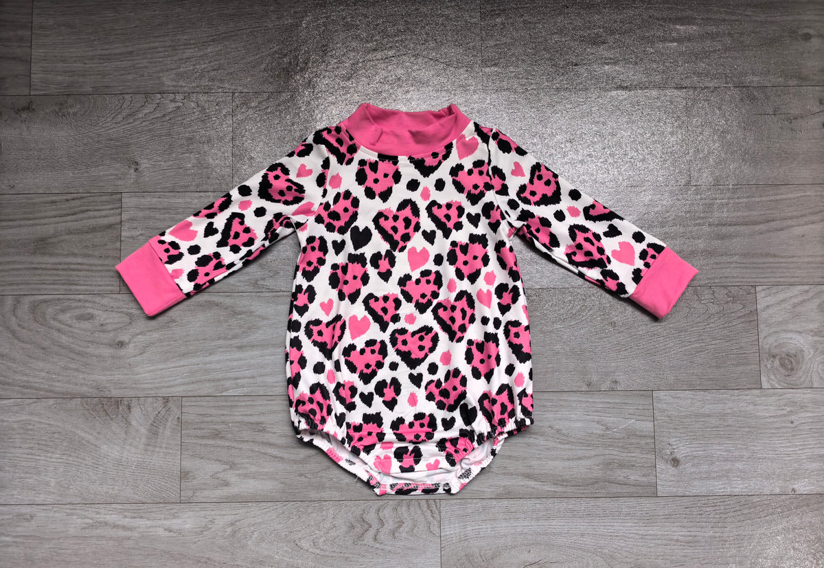 Sample-Real Pics LR3332 Baby Girl Clothes Heart Leopard Mixed Print Long Sleeve Mock Neck Bubble Romper