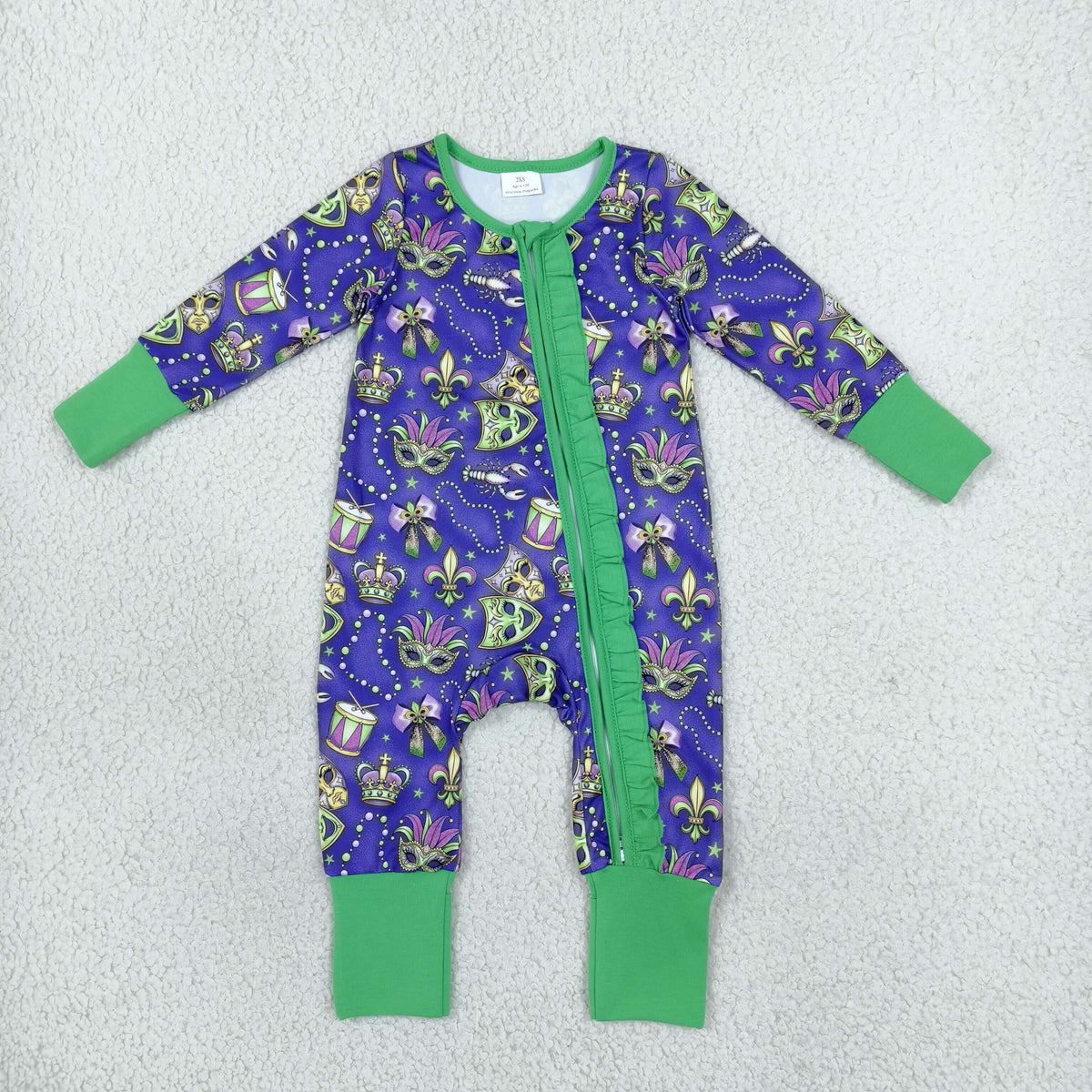 NO MOQ RTS LR3334 Baby Girl Clothes Mardi Gras Mask Fleur De Lis Mixed Print Long Sleeve Zipper Romper 202610