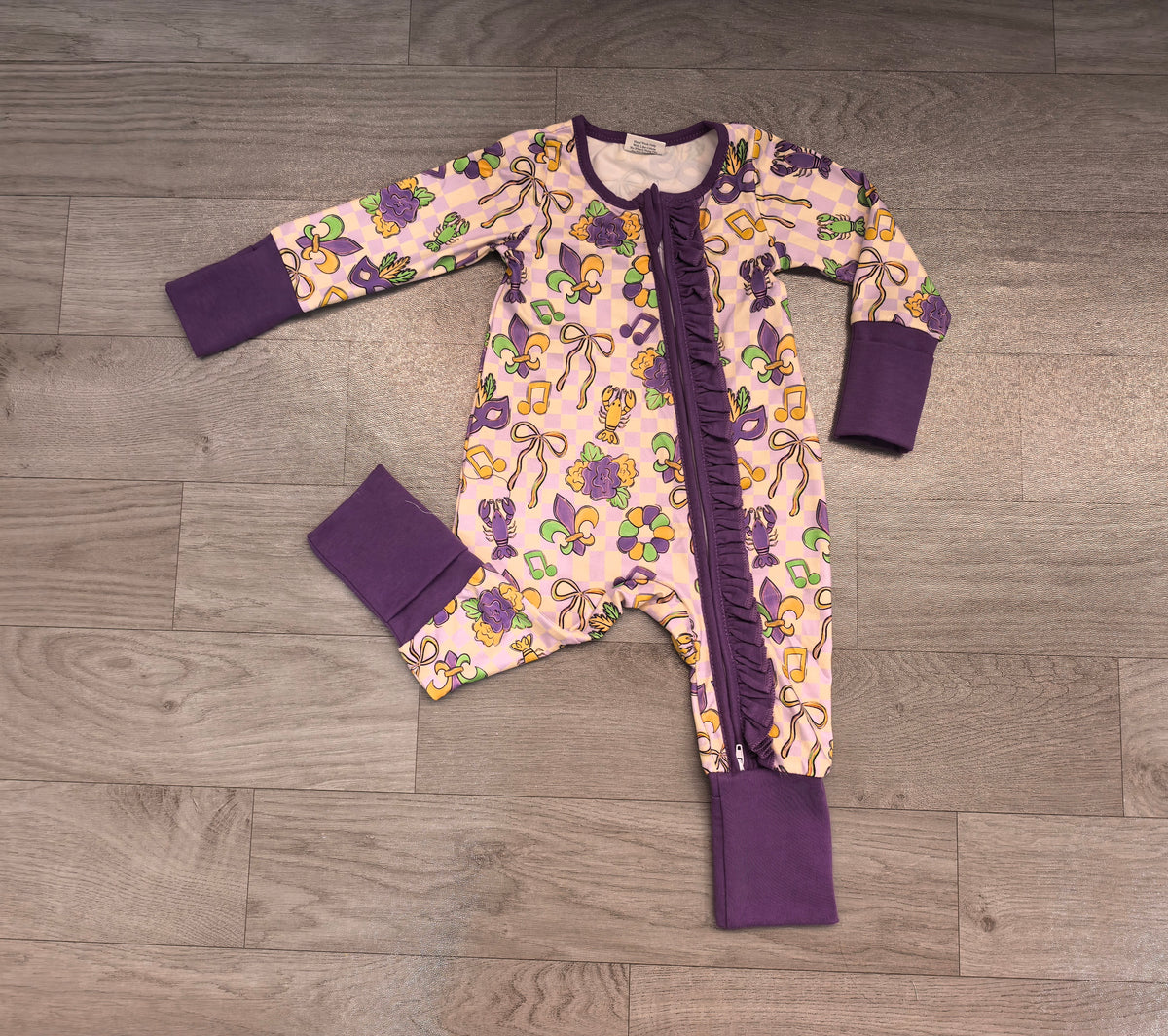 Sample-Real Pics LR3335 (2) Baby Clothes Mardi Gras Crawfish Mask Fleur De Lis Checker Allover Print Long Sleeve Ruffle Zip Jumpsuit Romper
