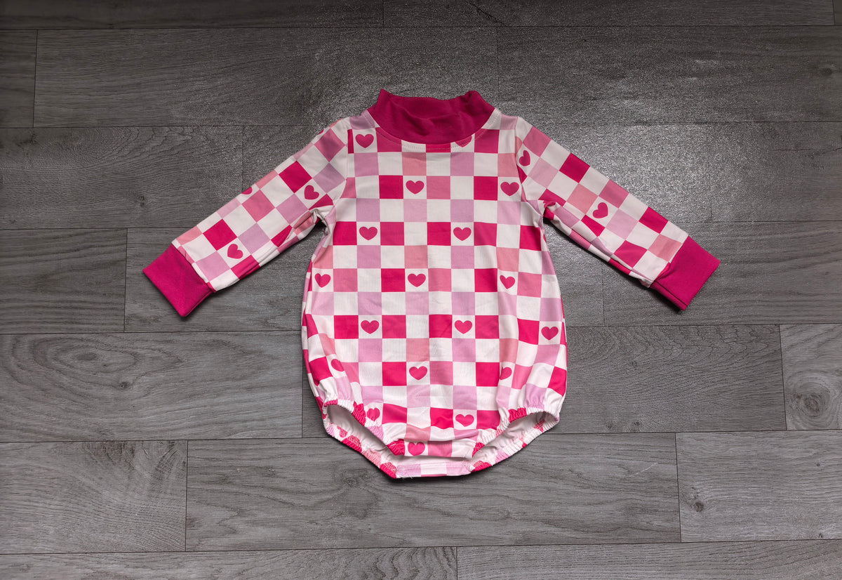 Sample-Real Pics LR3337 Baby Girl Clothes Pink Heart Checkerboard Allover Print Long Sleeve Mock Neck Bubble Romper