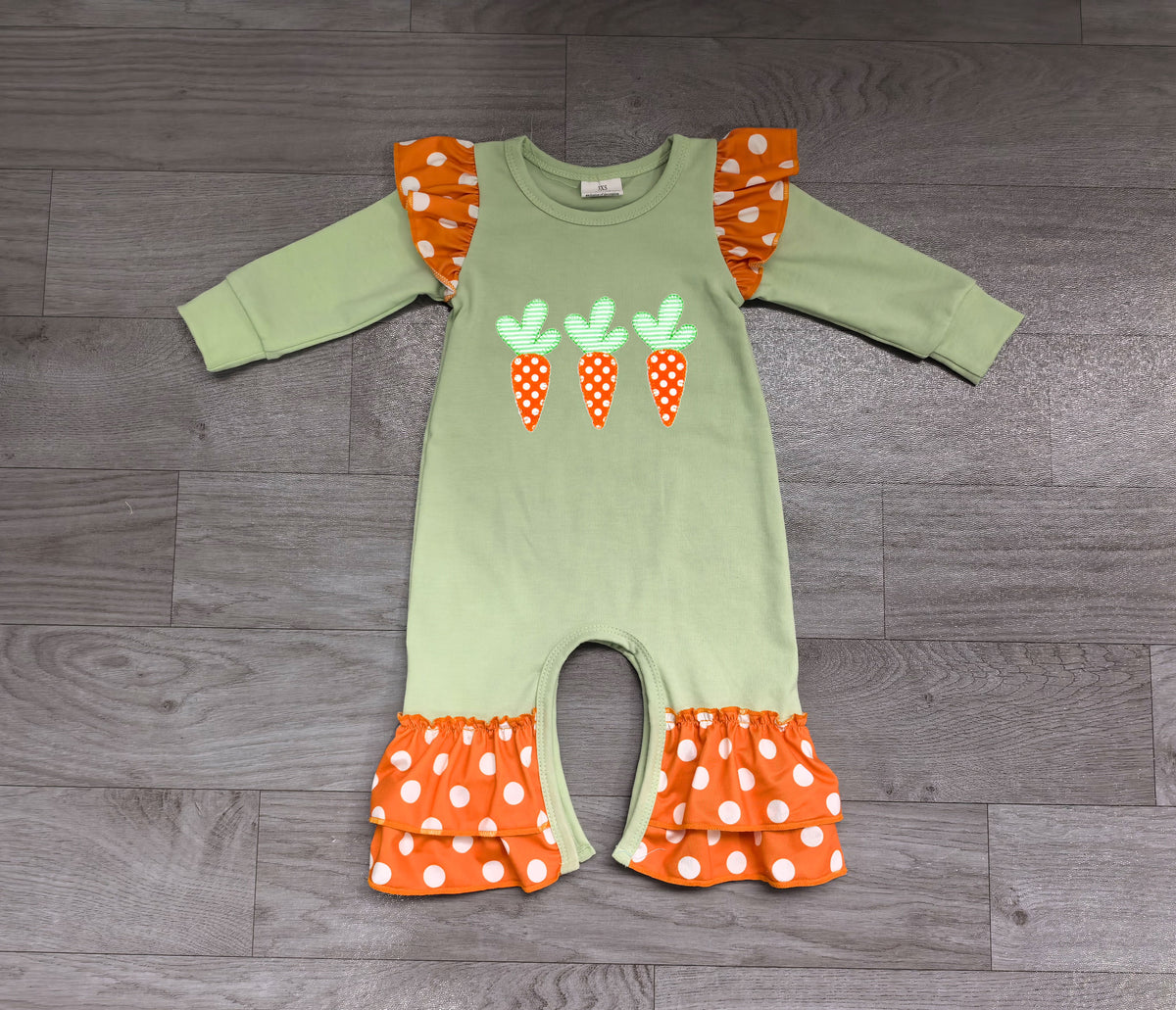 Sample-Real Pics LR3366 Baby Girl Clothes Easter Carrot Embroidery Polka Dot Print Long Sleeve Ruffle Romper