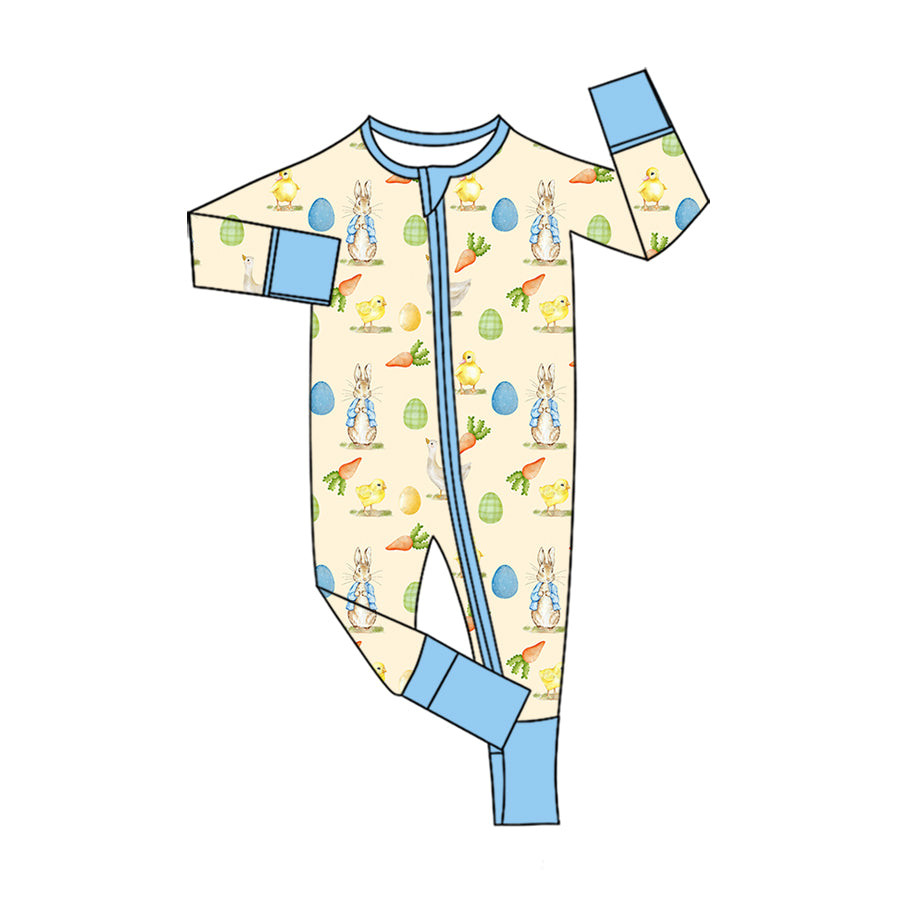 Preorder (moq 5) LR3382 Baby Girl Clothes Easter Rabbit Chick Egg Carrot Mixed Print Long Sleeve Zipper Baby Romper