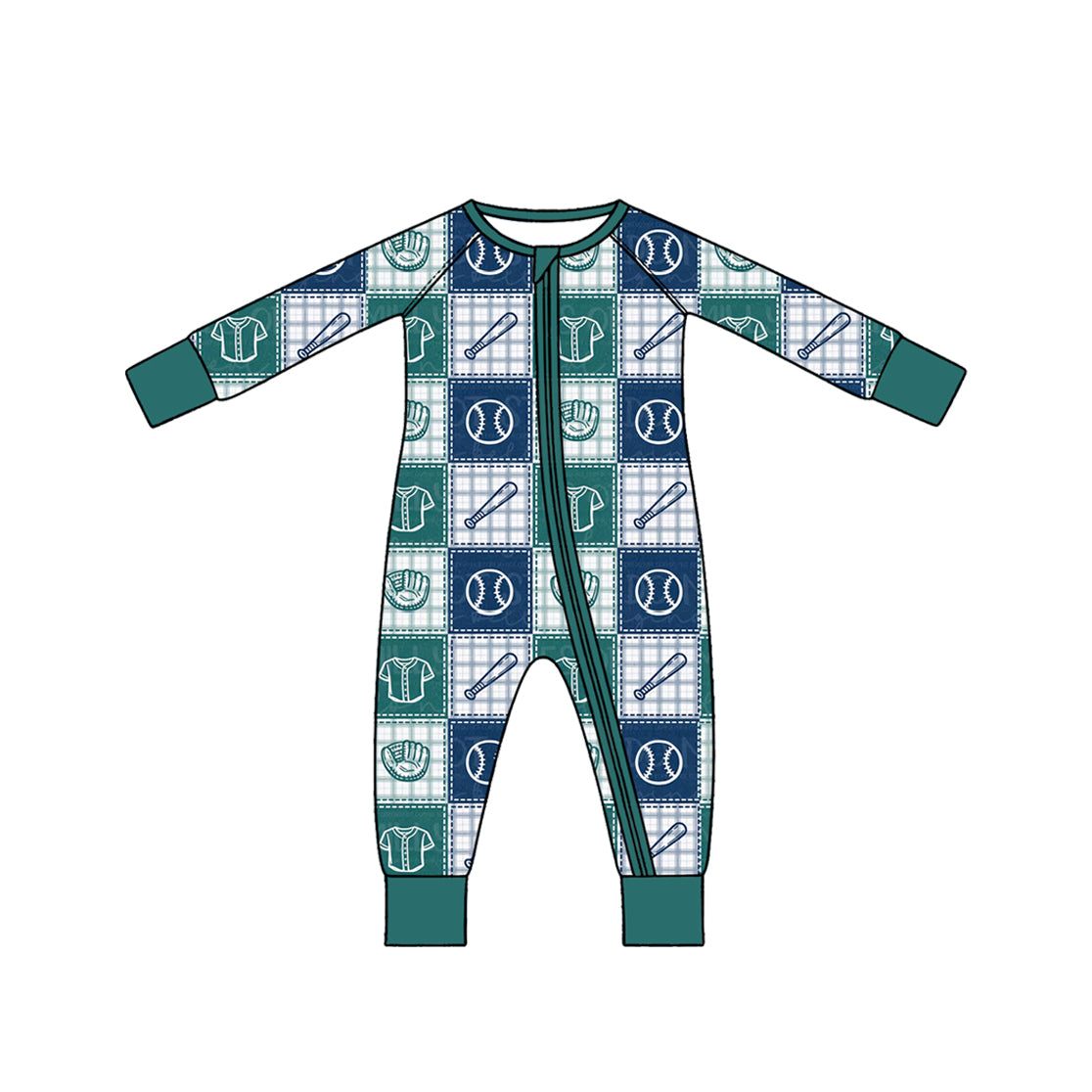 Preorder (moq 5) LR3385 Baby Boy Clothes Baseball Patchwork Mixed Print Long Sleeve Zipper Romper