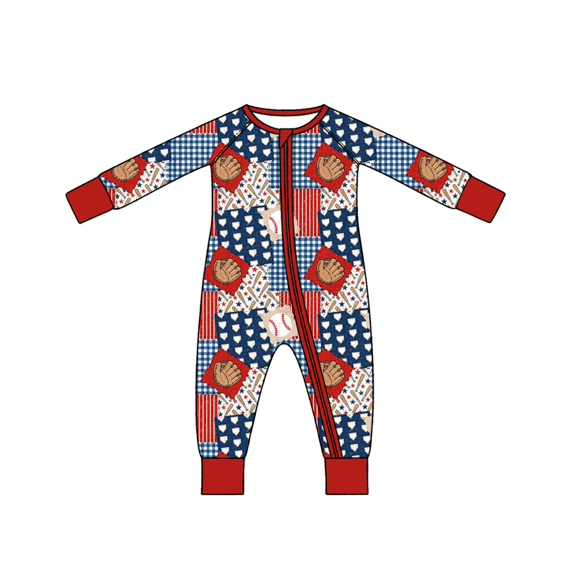 Preorder (moq 5) LR3386 Baby Boy Clothes Red Blue Baseball Patchwork Mixed Print Long Sleeve Zipper Romper