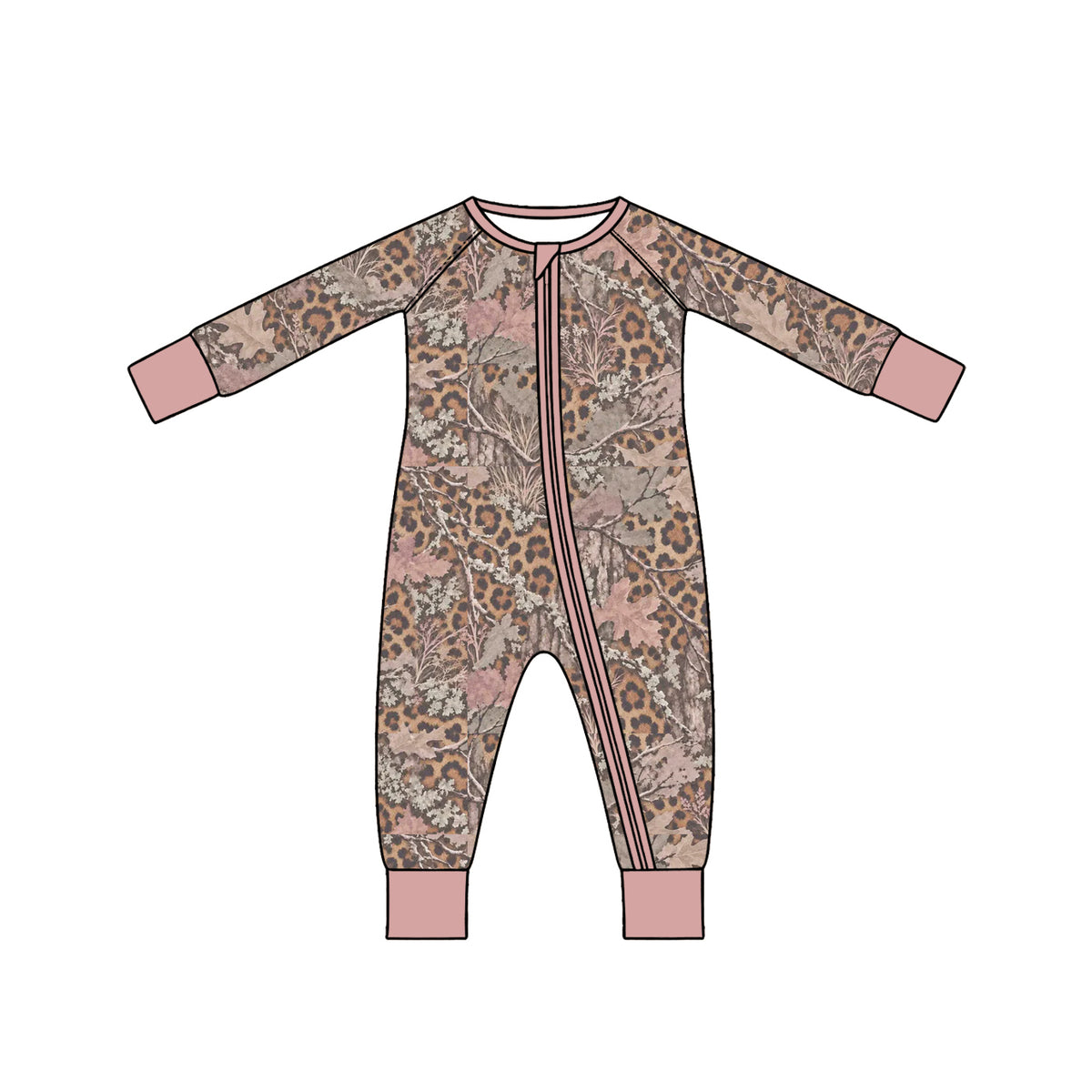 Preorder (moq 5) LR3387 Baby Girl Clothes Leopard Camo Leaf Mixed Print Long Sleeve Zipper Romper