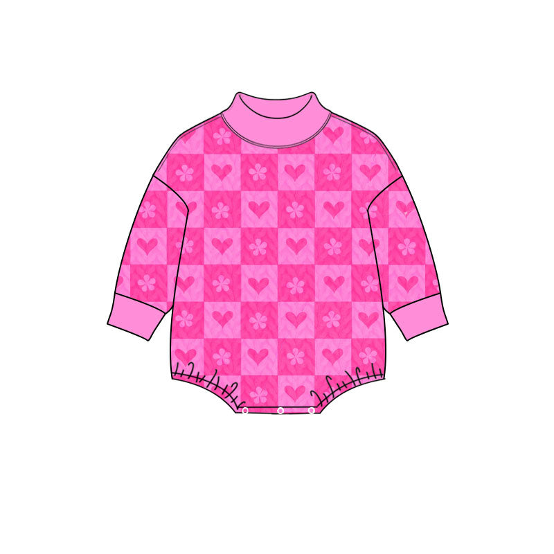 Preorder (moq 5) LR3399 Baby Girl Clothes Pink Heart Checker Mixed Print Long Sleeve Turtleneck Romper