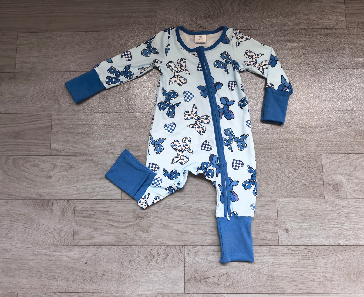 Sample-Real Pics LR3405 Baby Girl Clothes Blue Balloon Dog Heart Checkered Print Long Sleeve Zipper Jumpsuit