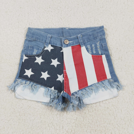 NC0003 4th July girl star red white stripe blue ripped denim shorts RTS Free shipping order $100+