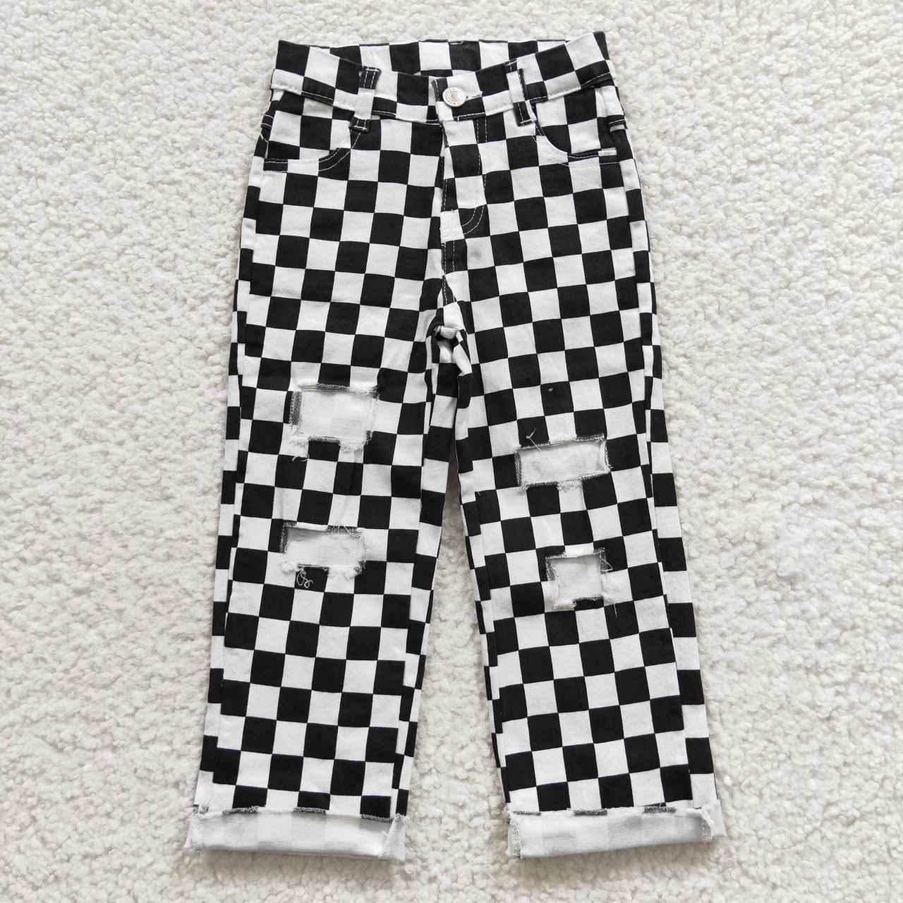 P0122 RTS western checkerboard boy black white ripped jeans pants 202504 RTS