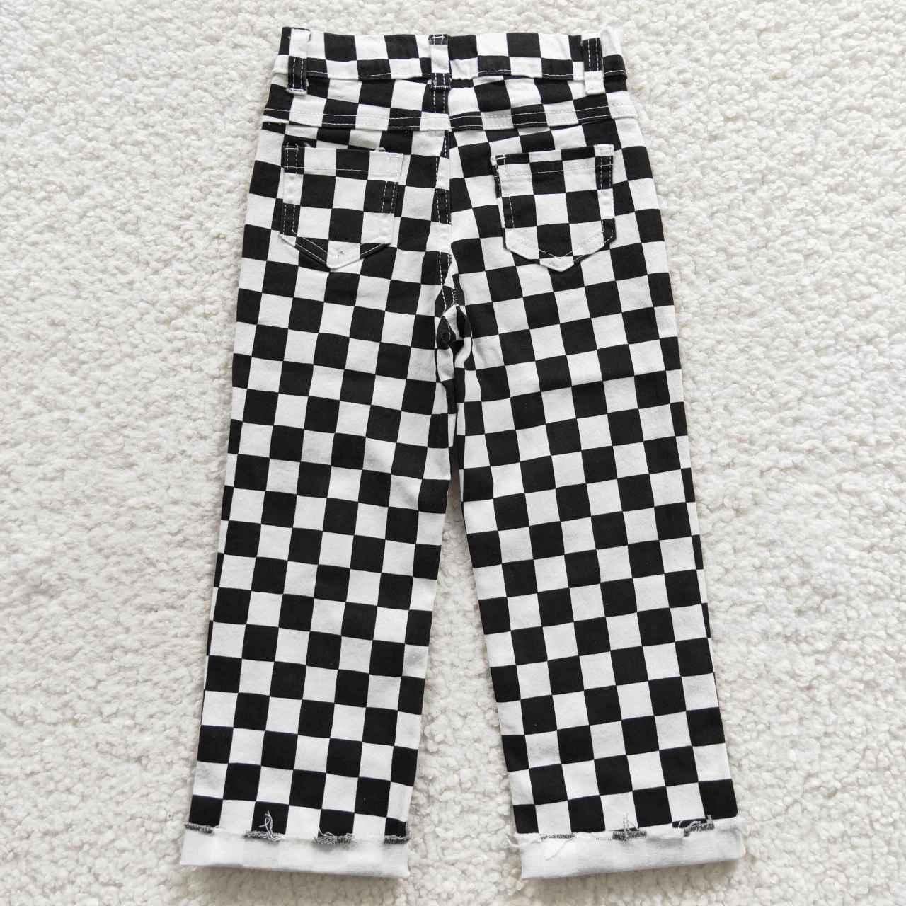 P0122 RTS western checkerboard boy black white ripped jeans pants 202504 RTS