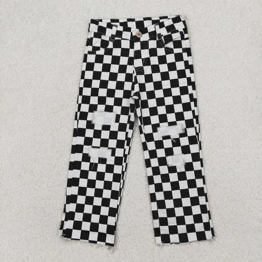 P0122 RTS western checkerboard  boy black white ripped jeans pants 202504 RTS
