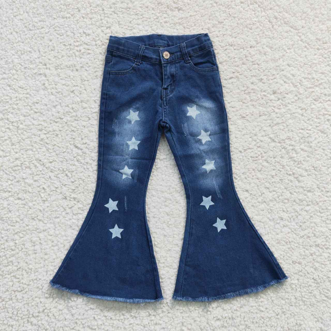 P0127 blue star bell bottom bleaching girl denim jeans 20230502 RTS