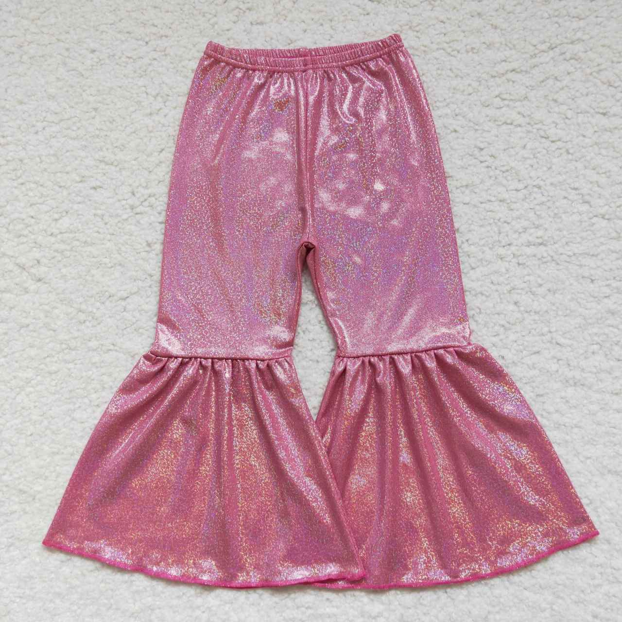 P0180 satin fabric gilding girl hot pink bell bottom long girl pants 20230731 RTS