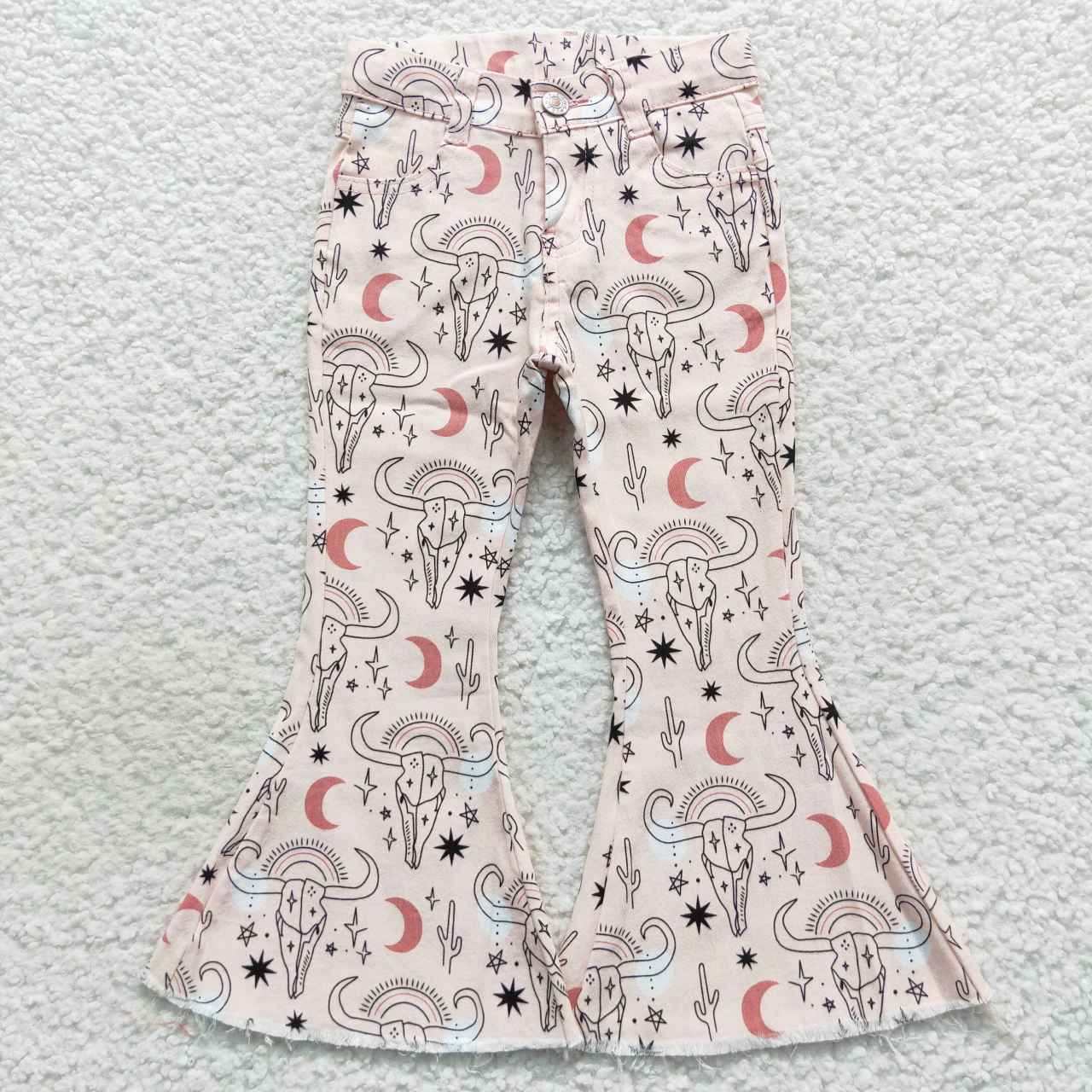P0226 western cow pink buttons zip up jeans girl kids denim jeans bell pants RTS 20230824