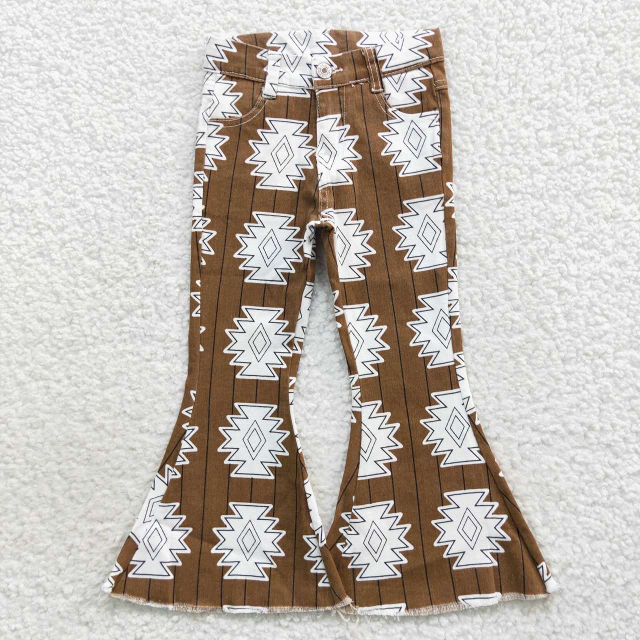 P0228 western geometric brown buttons zip up jeans girl kids denim jeans bell pants RTS 20230824