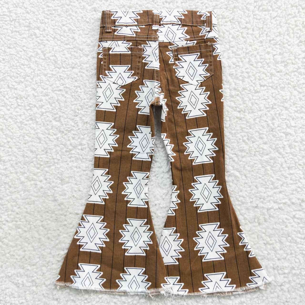 P0228 western geometric brown buttons zip up jeans girl kids denim jeans bell pants RTS 20230824